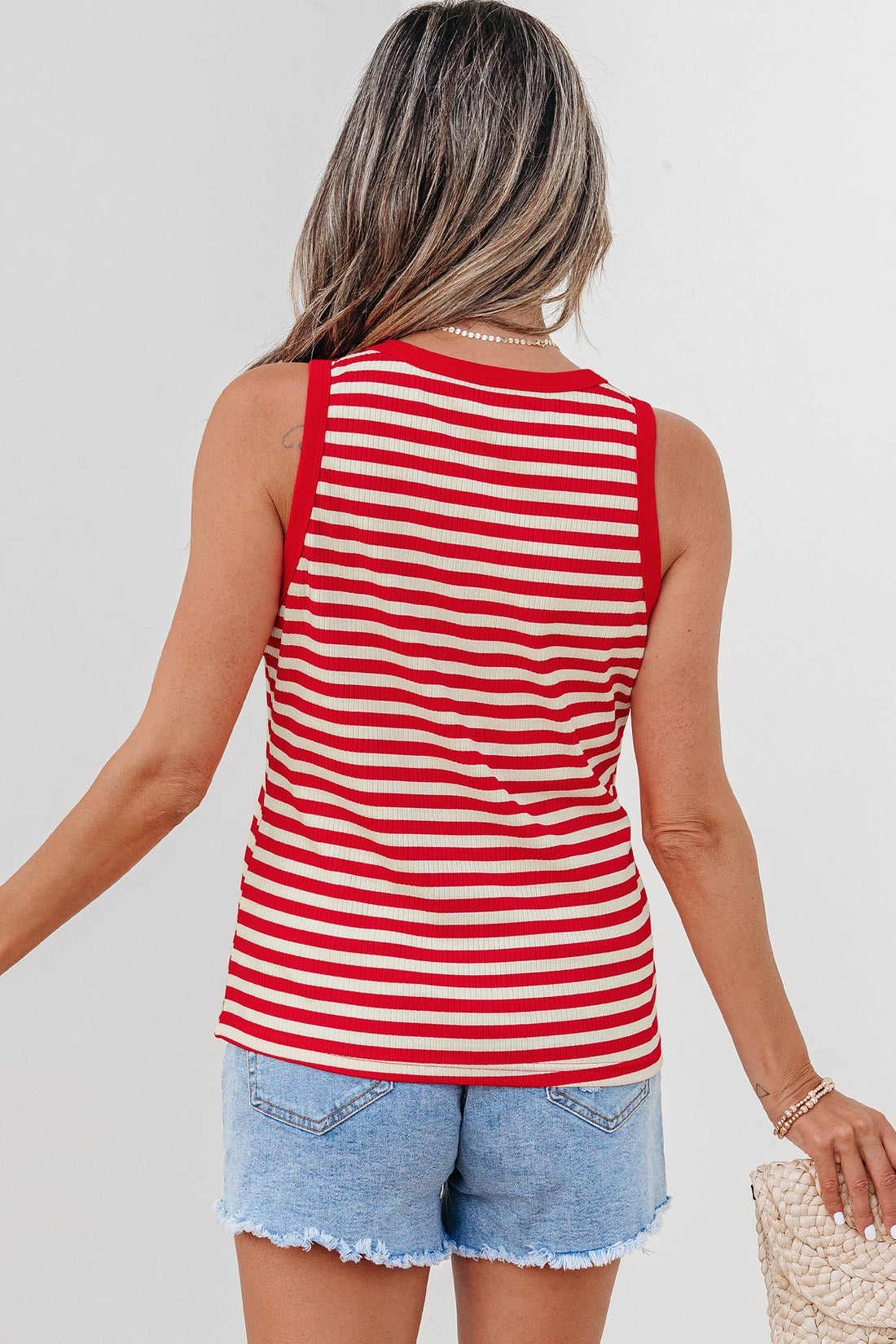 Red Stripe Buttoned Ribbed Knit Tank Top
