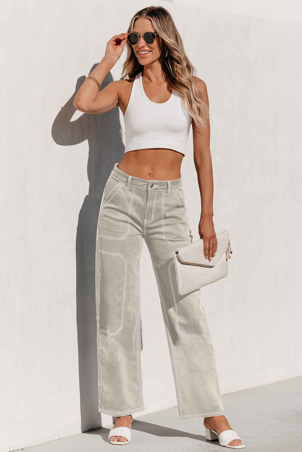Apricot Contrast Stitching Multi Pockets Loose Jeans
