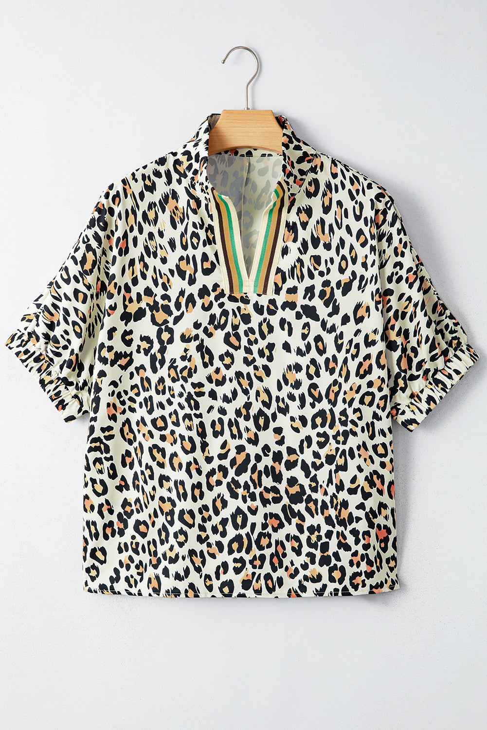 Sky Blue Leopard Color Block Contrast Striped V Neck Half Sleeve Loose Fit Blouse