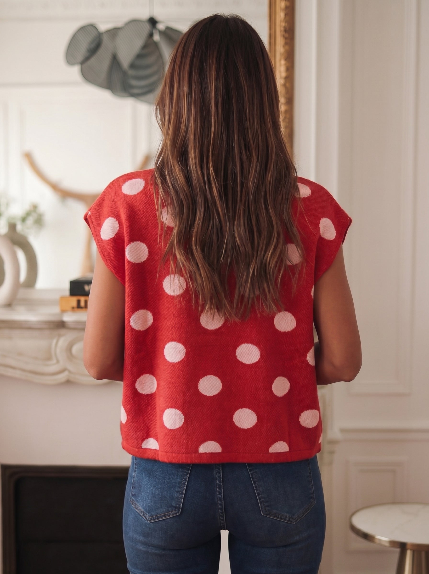 Red Polka Dot Sleeveless Knit Button Down Sweater Vest