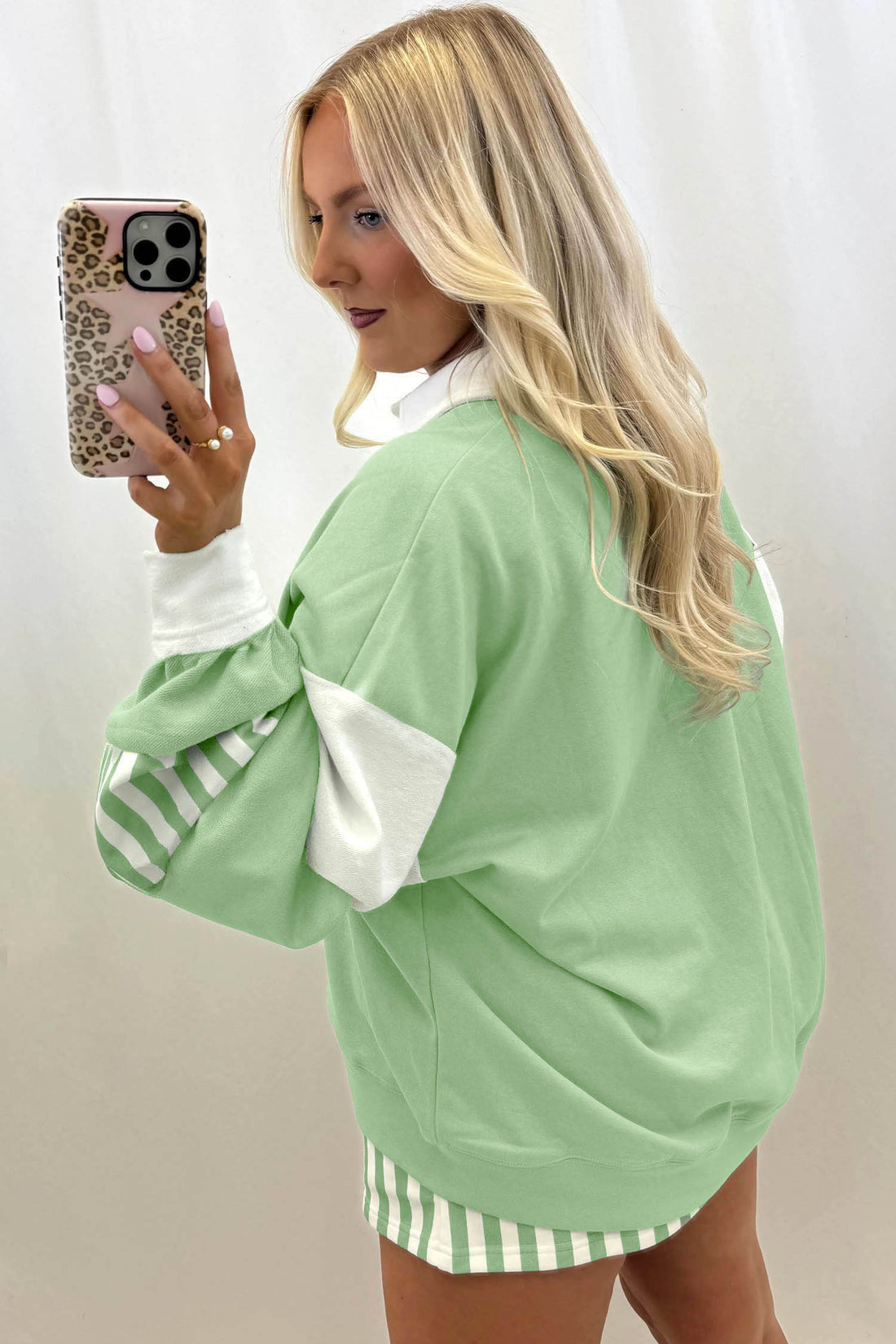 Smoke Green Casual Striped Two Piece Set Long Sleeve Shift Silhouette Daily Wear Pantsuit