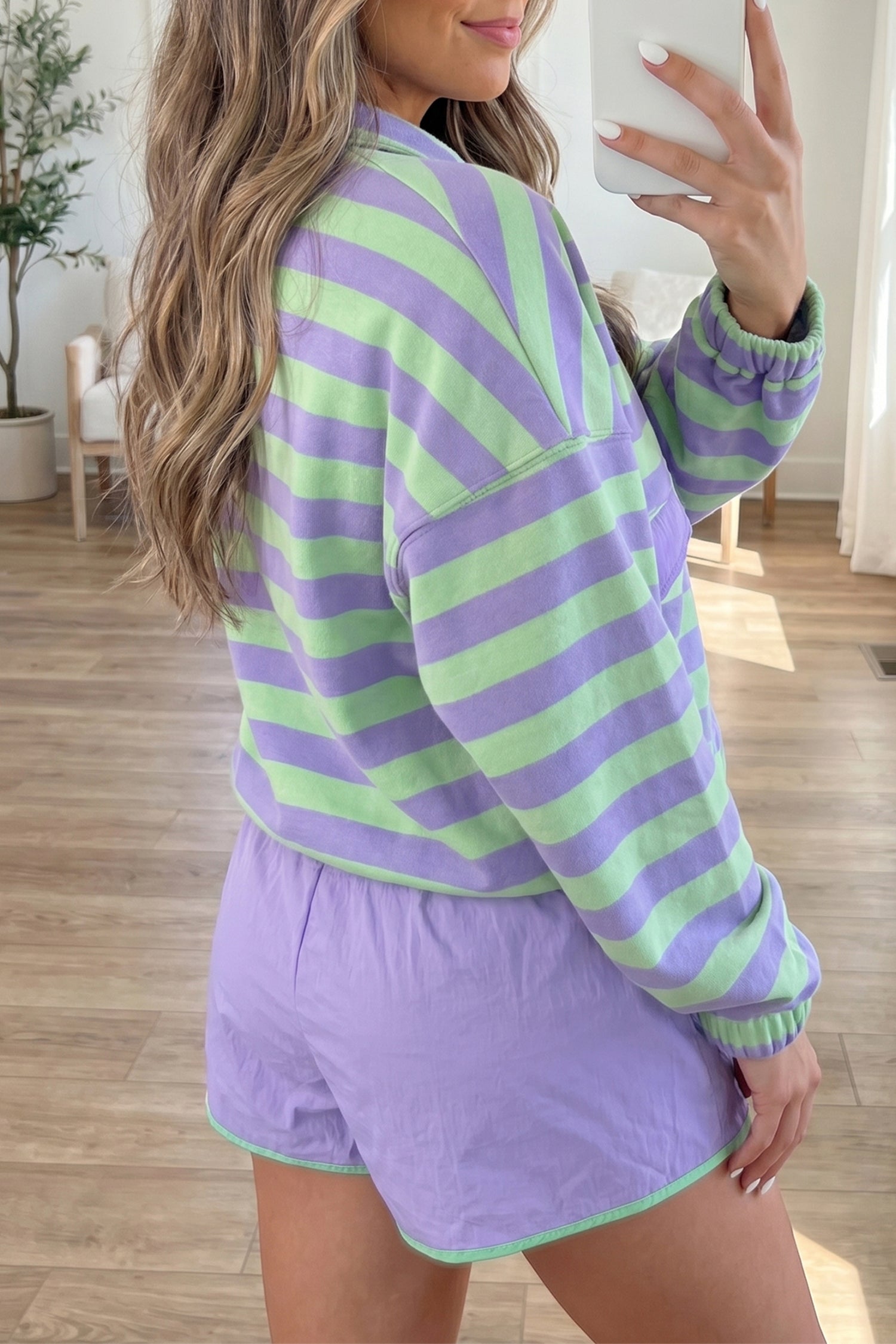 Purple Stripe Striped Patchwork Long Sleeve Two Piece Set