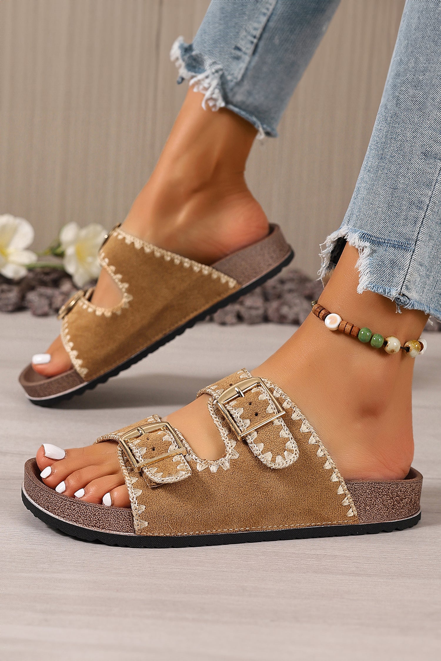 Black Embroidered Trim Retro Buckle Faux Suede Slippers