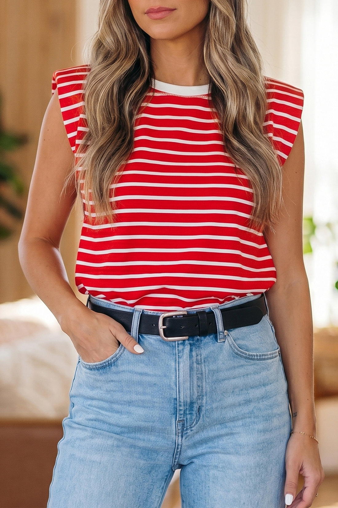 Red Stripe Ribbed Round Neck Trim Loose Tank Top