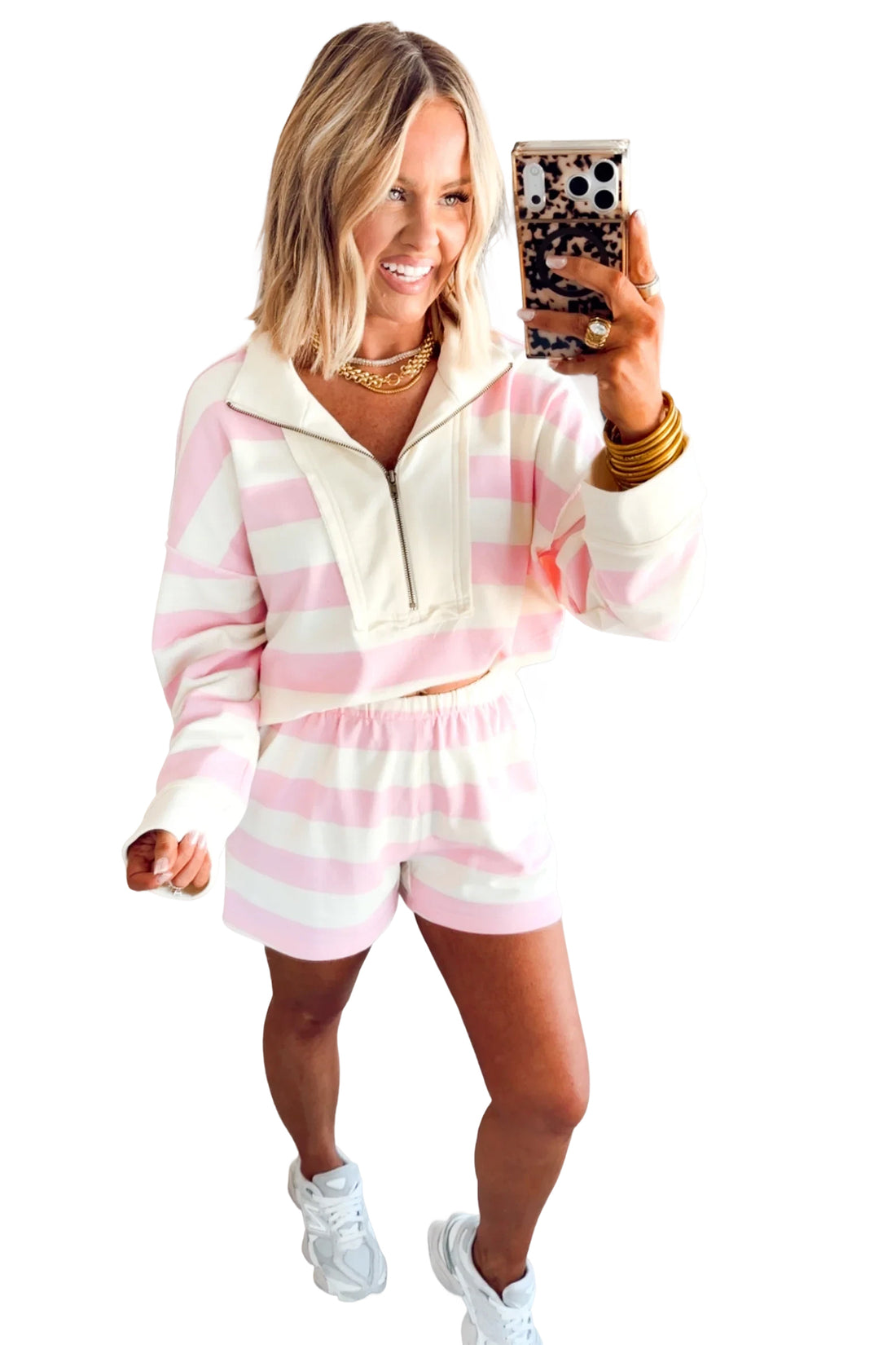 Pink Stripe Striped Zipper Pullover Shorts Set Two Piece Casual Pants Sets