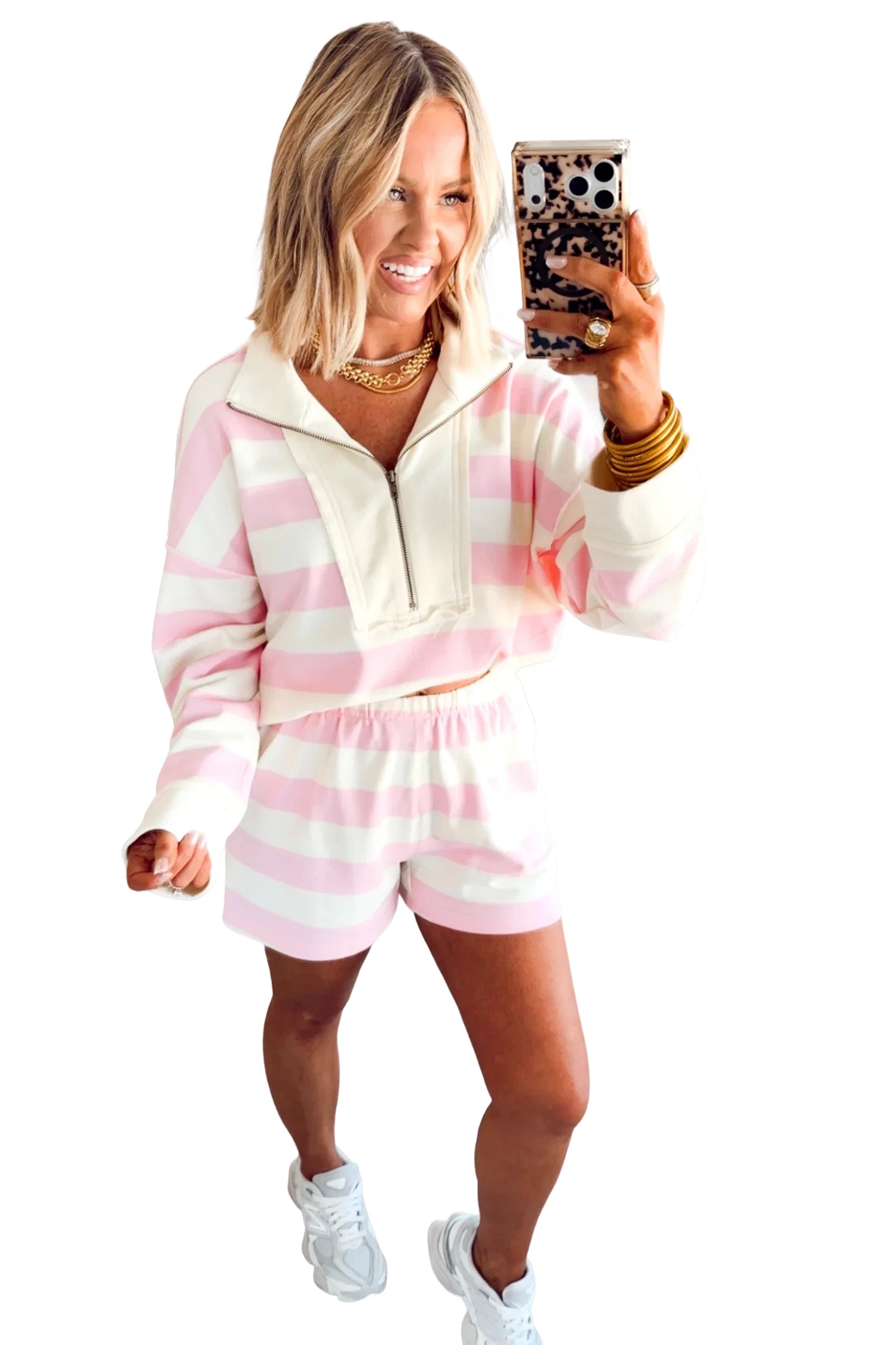 Pink Stripe Striped Zipper Pullover Shorts Set Two Piece Casual Pants Sets