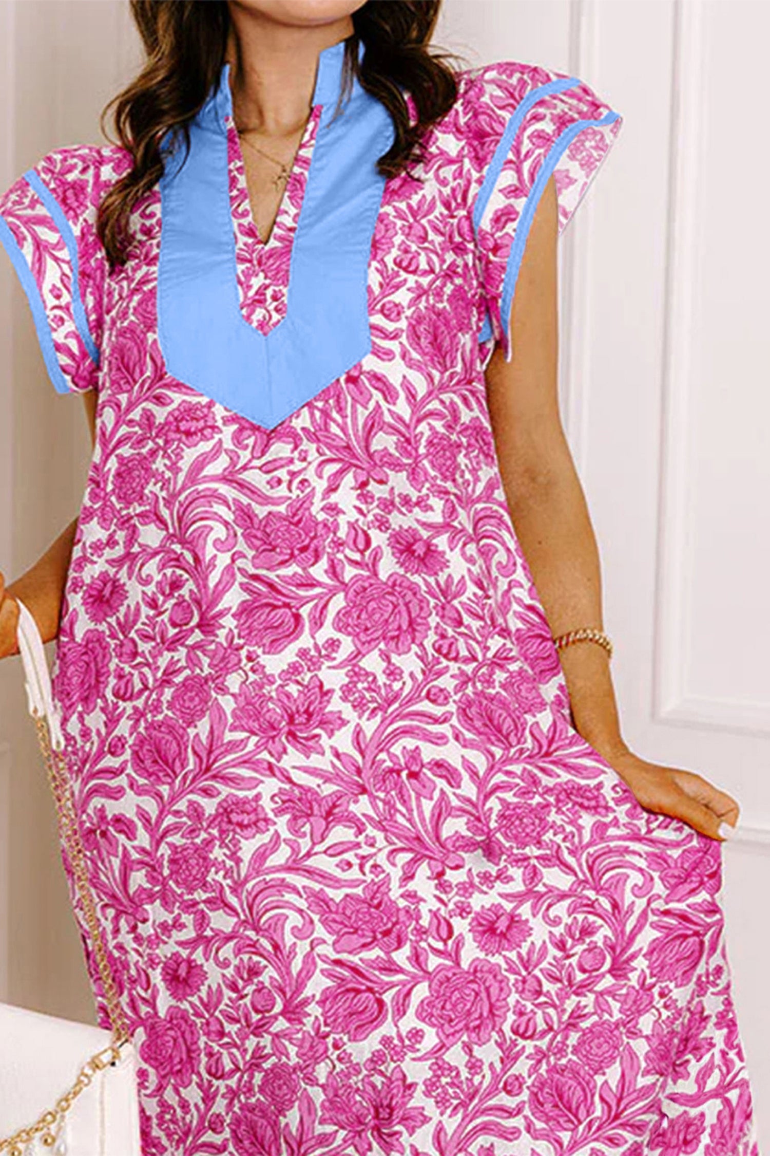 Green Floral Print Color Block Patchwork V Neck Short Sleeve Midi Dress