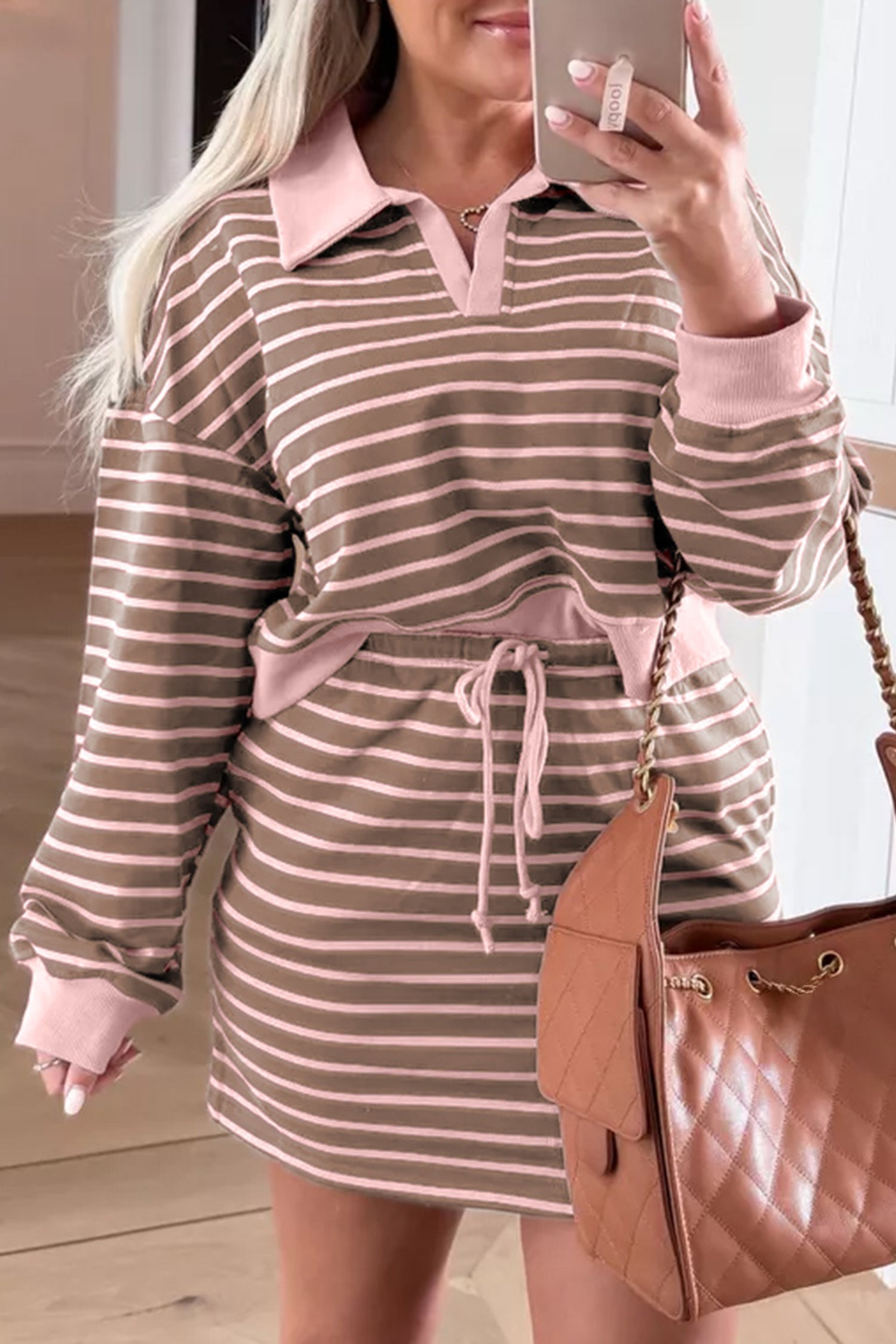 Brown Stripe Striped Two Piece Set Drawstring Waist Long Sleeve Mini Skirt Outfit