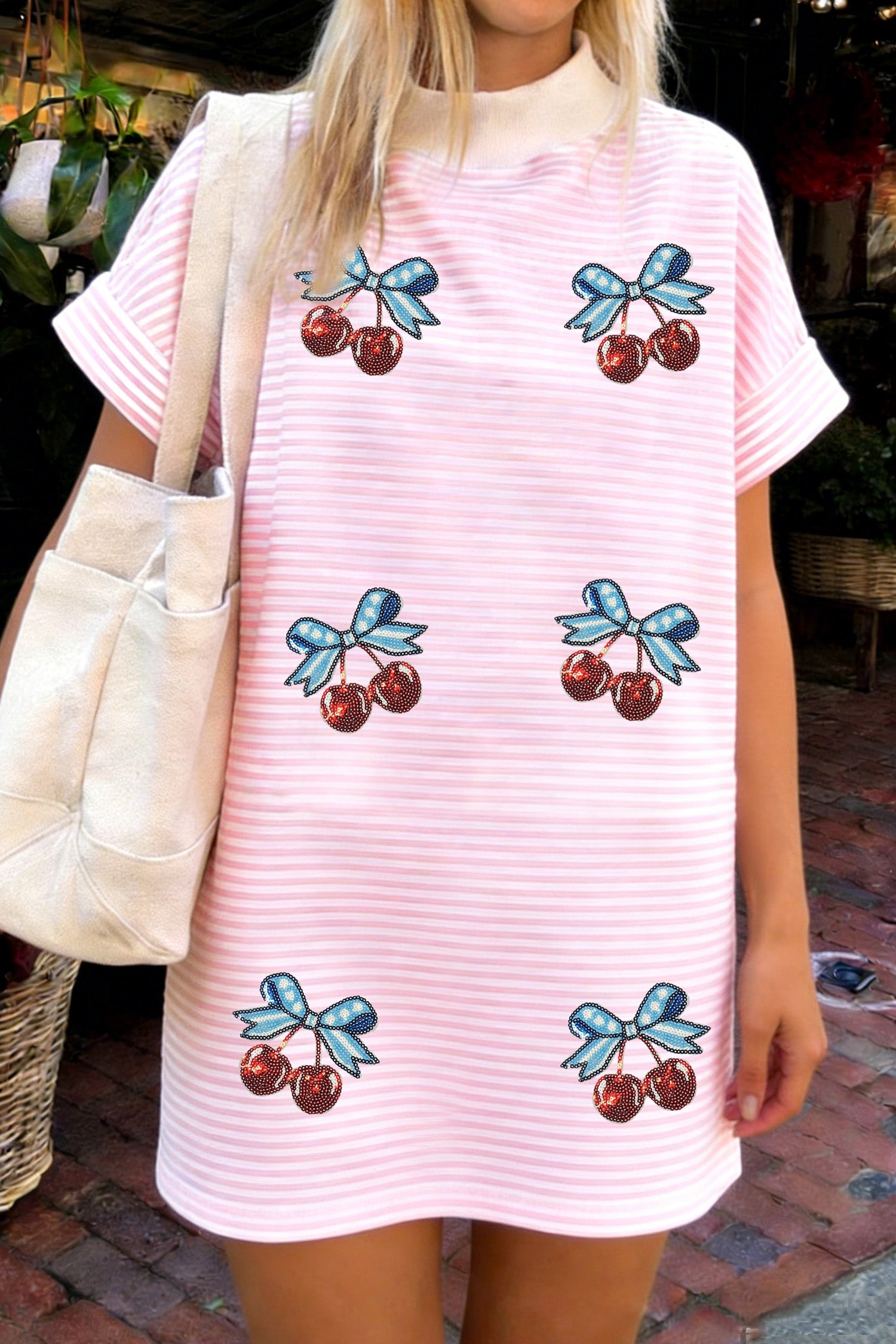 Pink Stripe Sequin Cherry Summer Shift T Shirt Mini Dress