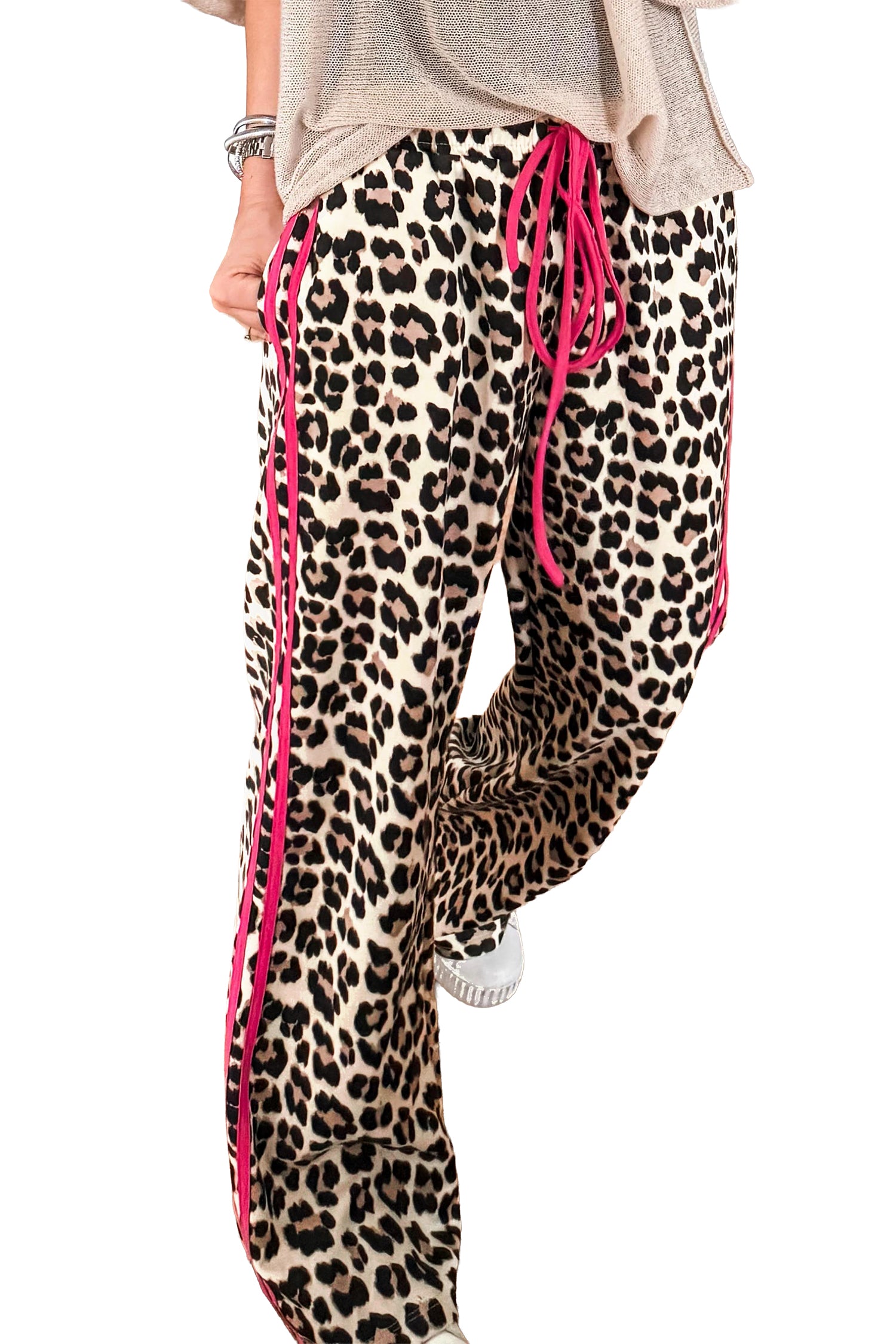 Red Side Stripe Leopard Wide leg Trousers