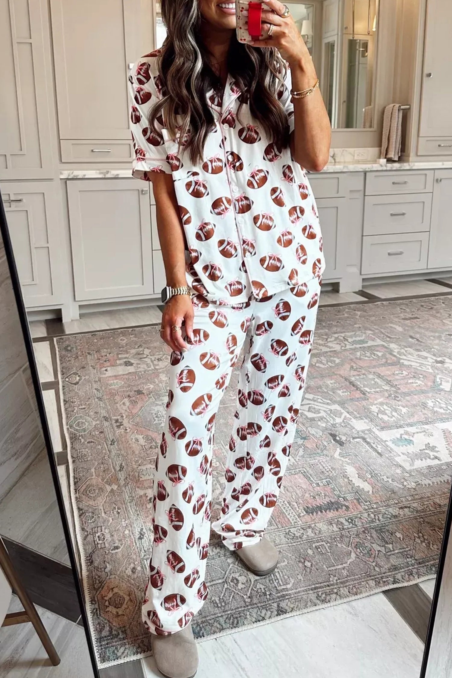 White Rugby Print Short Sleeve Button Down Top Loose Pants Game Day Pajama Set