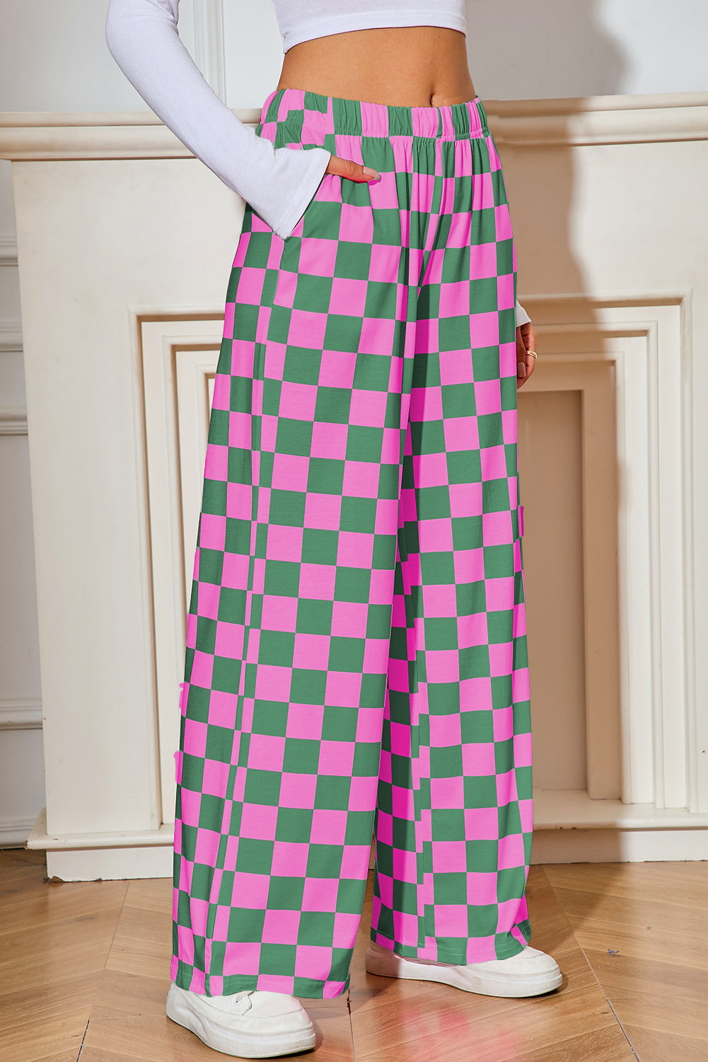 Red 2-Tone Checked Print High Waist Wide Leg Pants