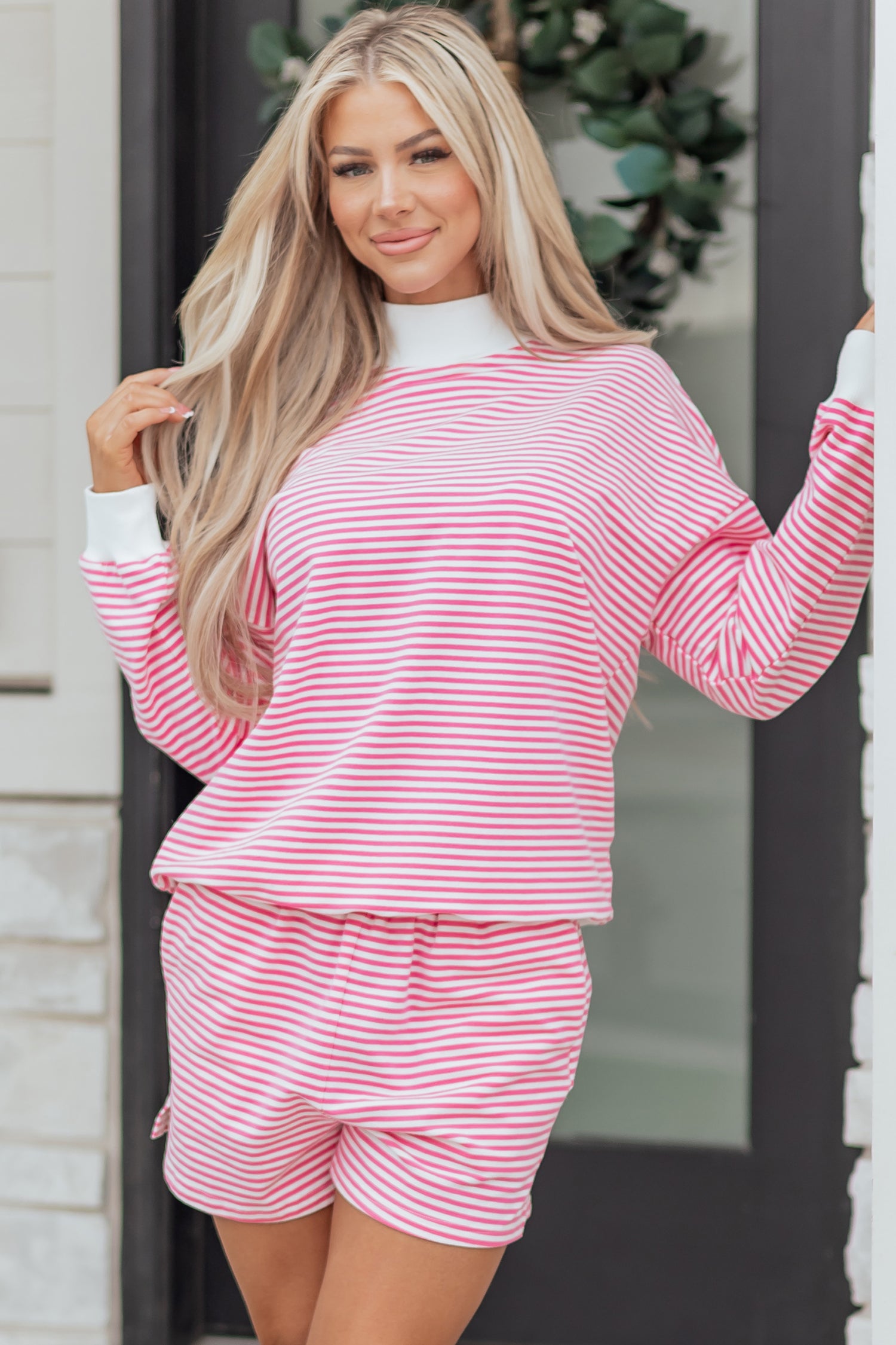 Red Stripe Oversize Mock Neck Sweatshirt and Shorts Set