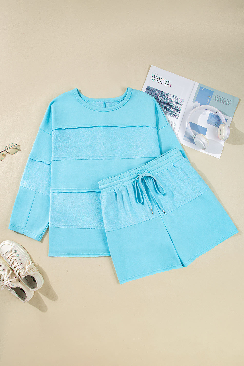 Aruba Blue Solid Color Pullover Top Plus Size Raw Hem Shorts Set
