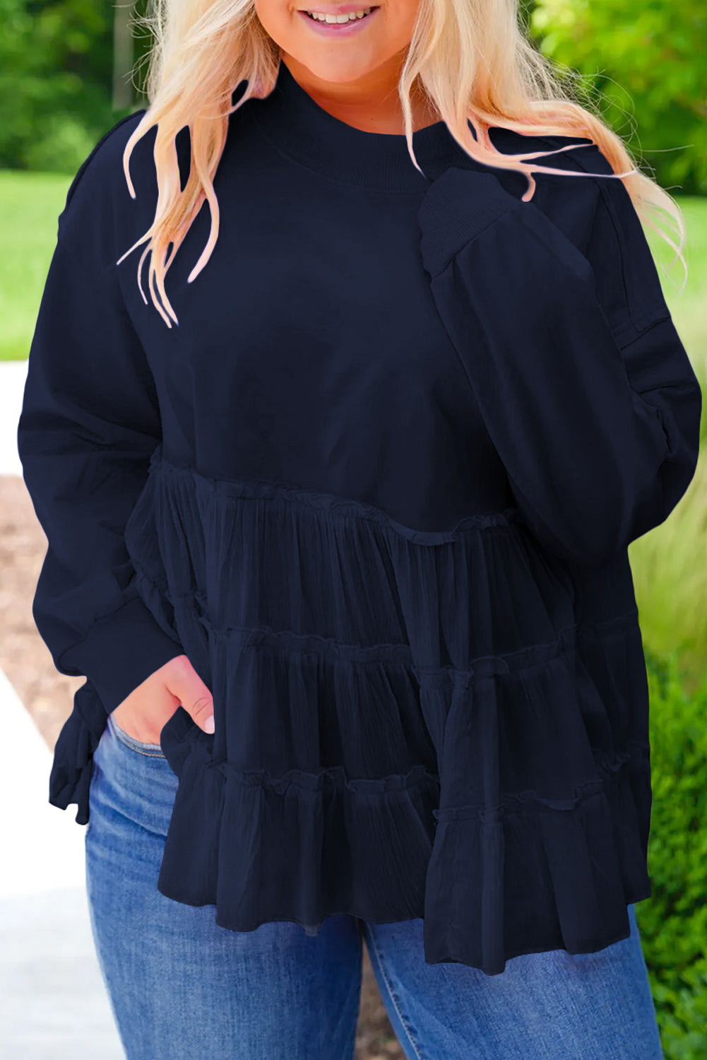 Pink Frill Tiered Patchwork Ribbed Trim Flowy Plus Size Top