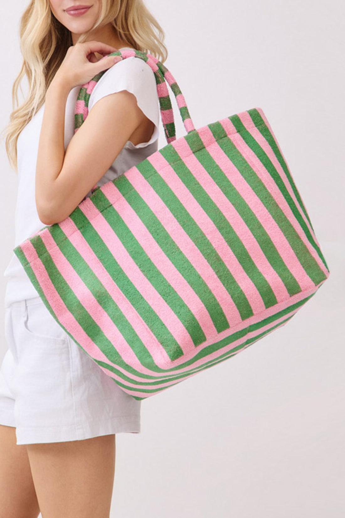 Dark Green Striped Terry Large Beach Tote Bag