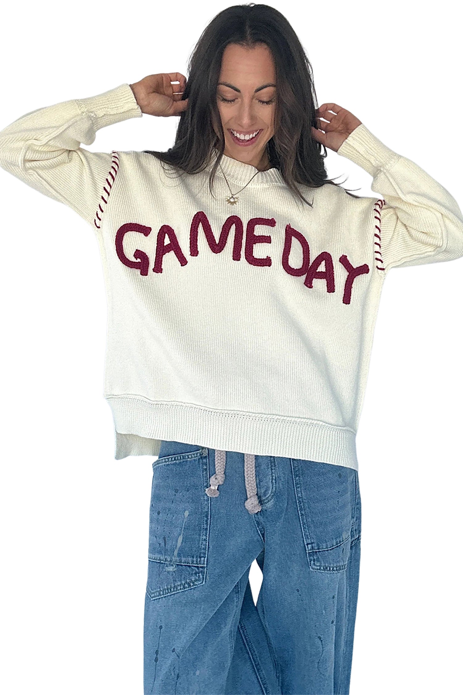 Beige Game Day Letter Print Round Neck Long Sleeve Casual Pullover Sweater