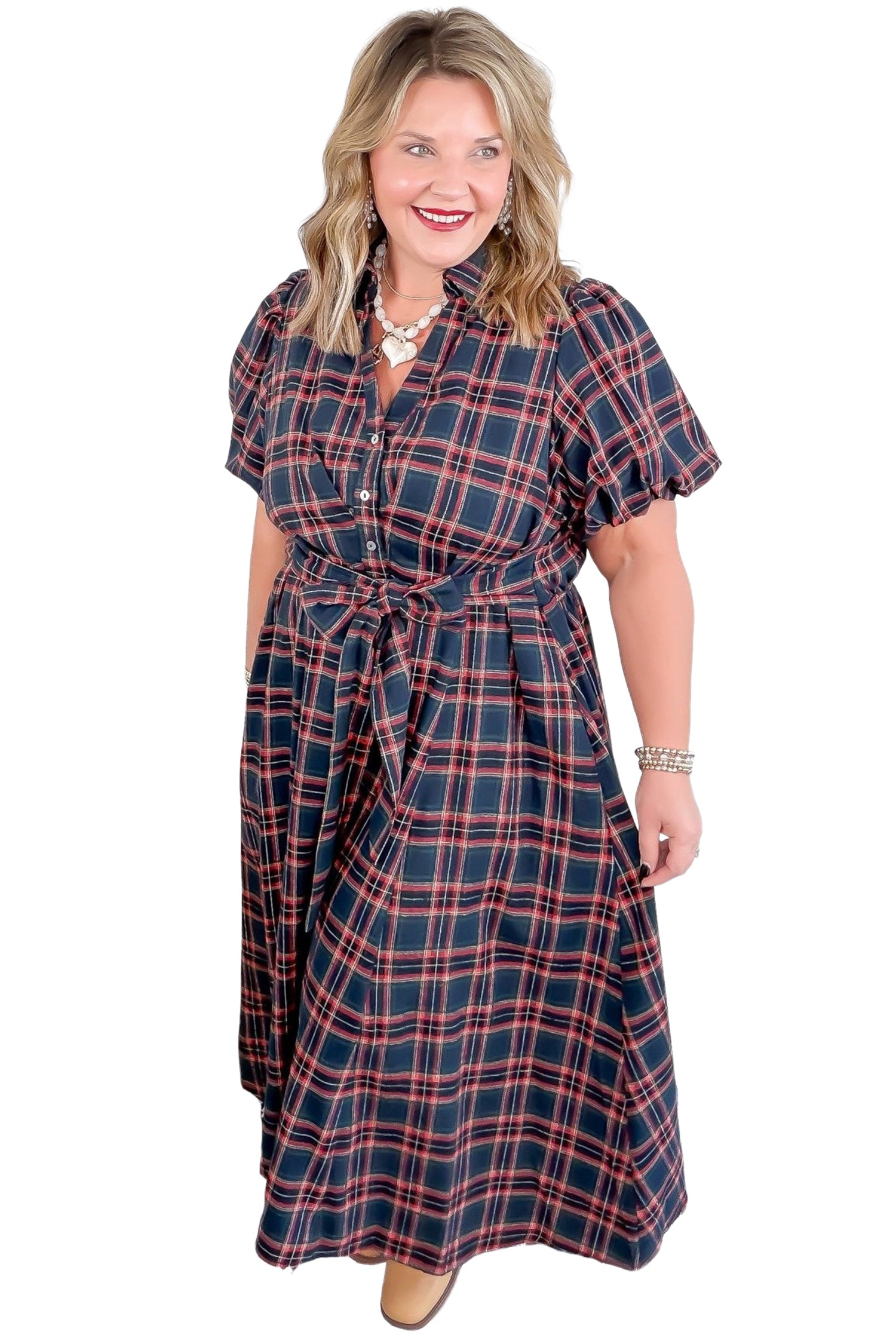 Black Plaid V Neck Short Sleeve Belted Waist Long Casual Dress