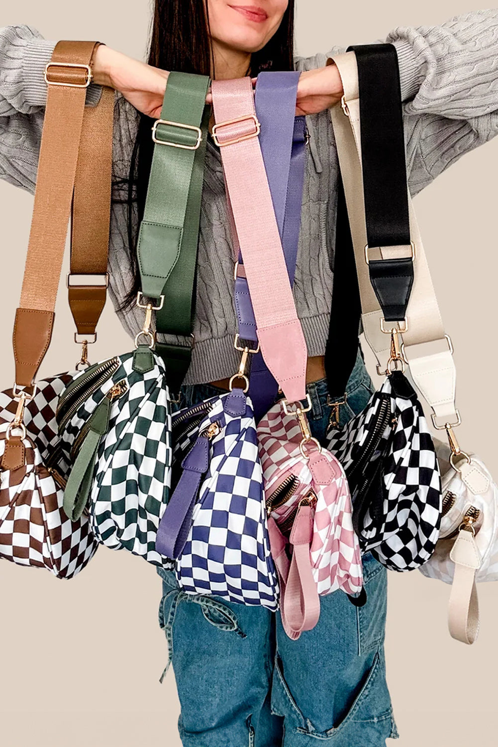 Chestnut Checkered Print Wide Strap Large Crossbody Bag