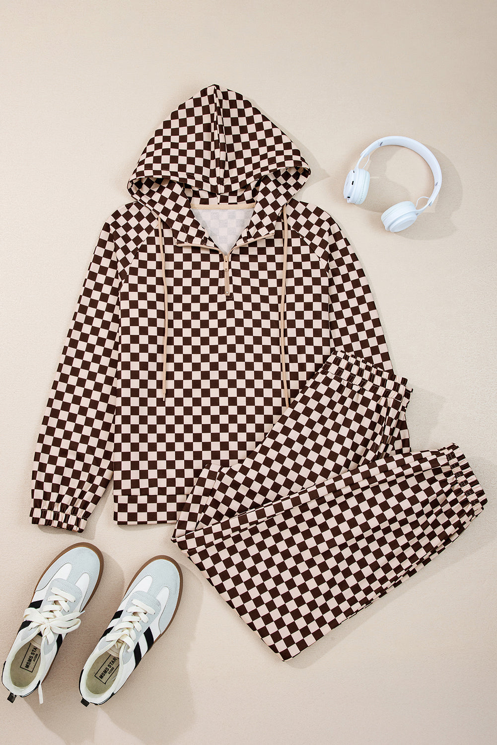 Black Athleisure Checkered Pullover and Jogger Pants Set