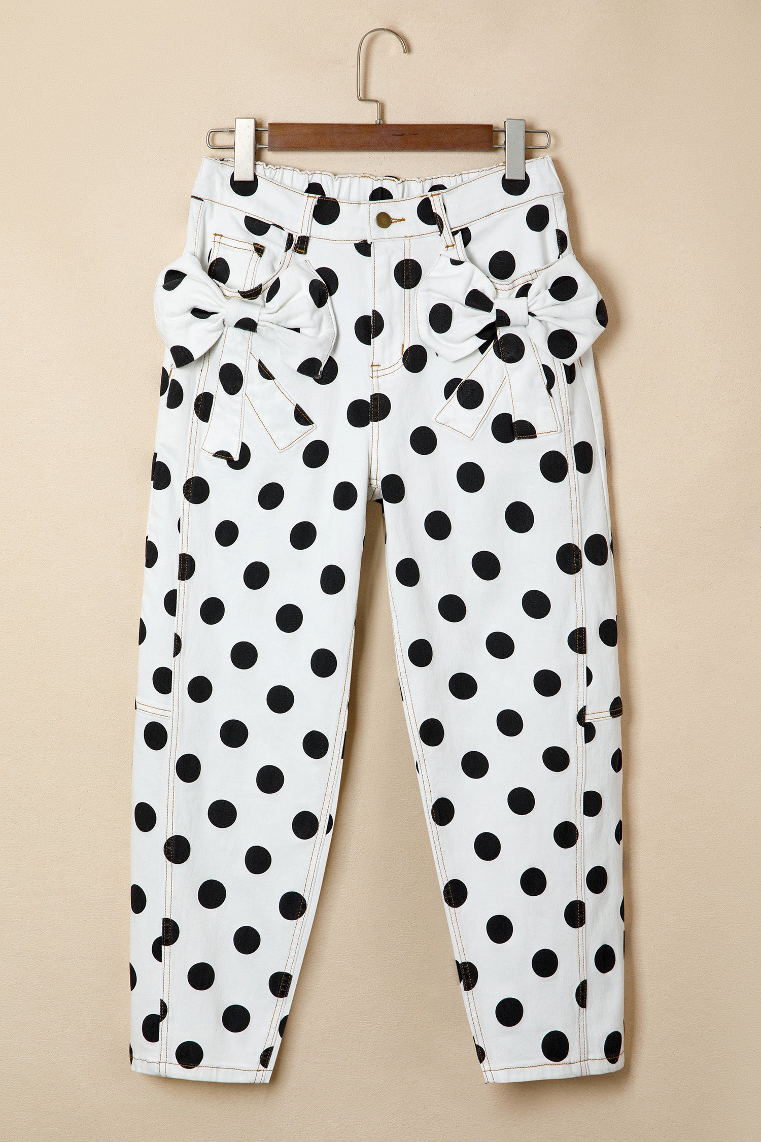 Sky Blue Polka Dot Print Bow Detail Pocketed Jeans