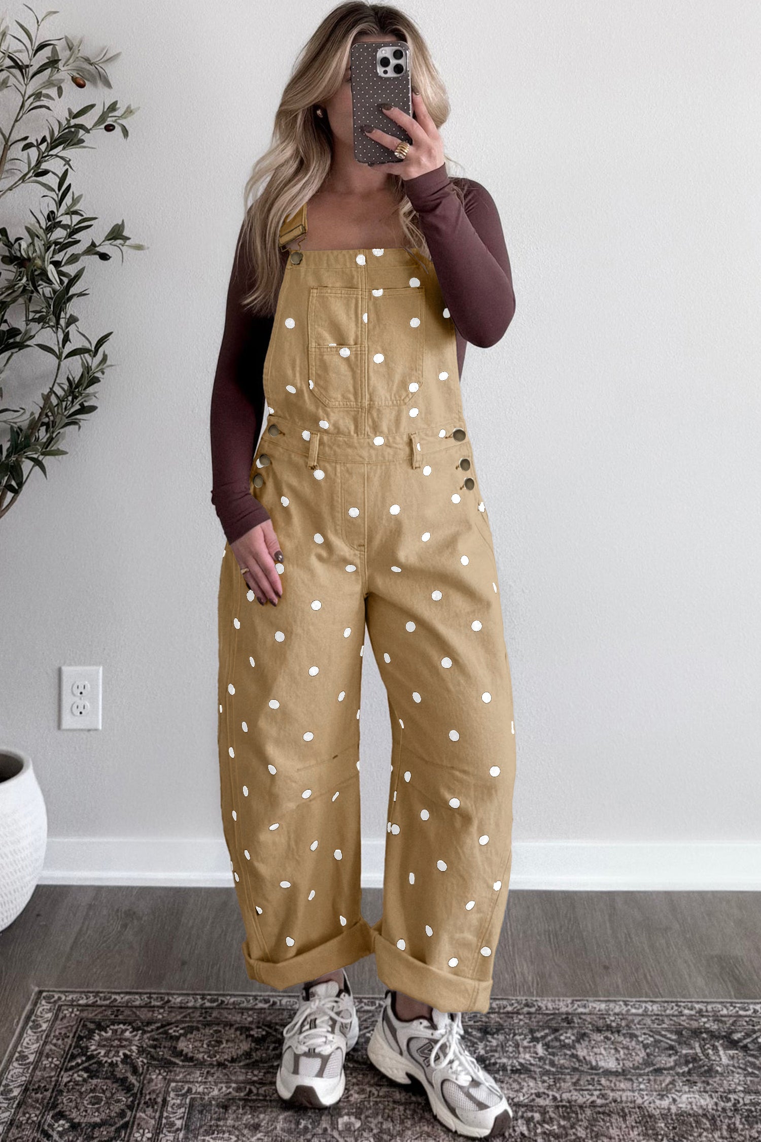 Light French Beige Polka Dot Print Bib Pocket Denim Barrel Overalls Jumpsuit