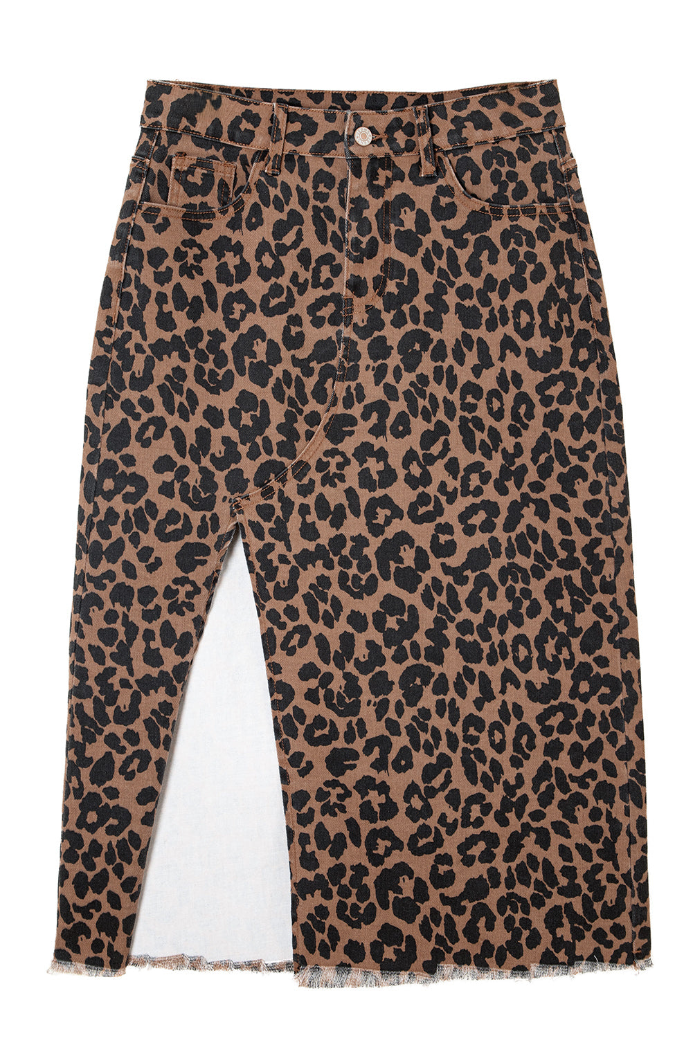 Brown Leopard Print Frayed Edge Denim Skirt Long Casual Daily Wear