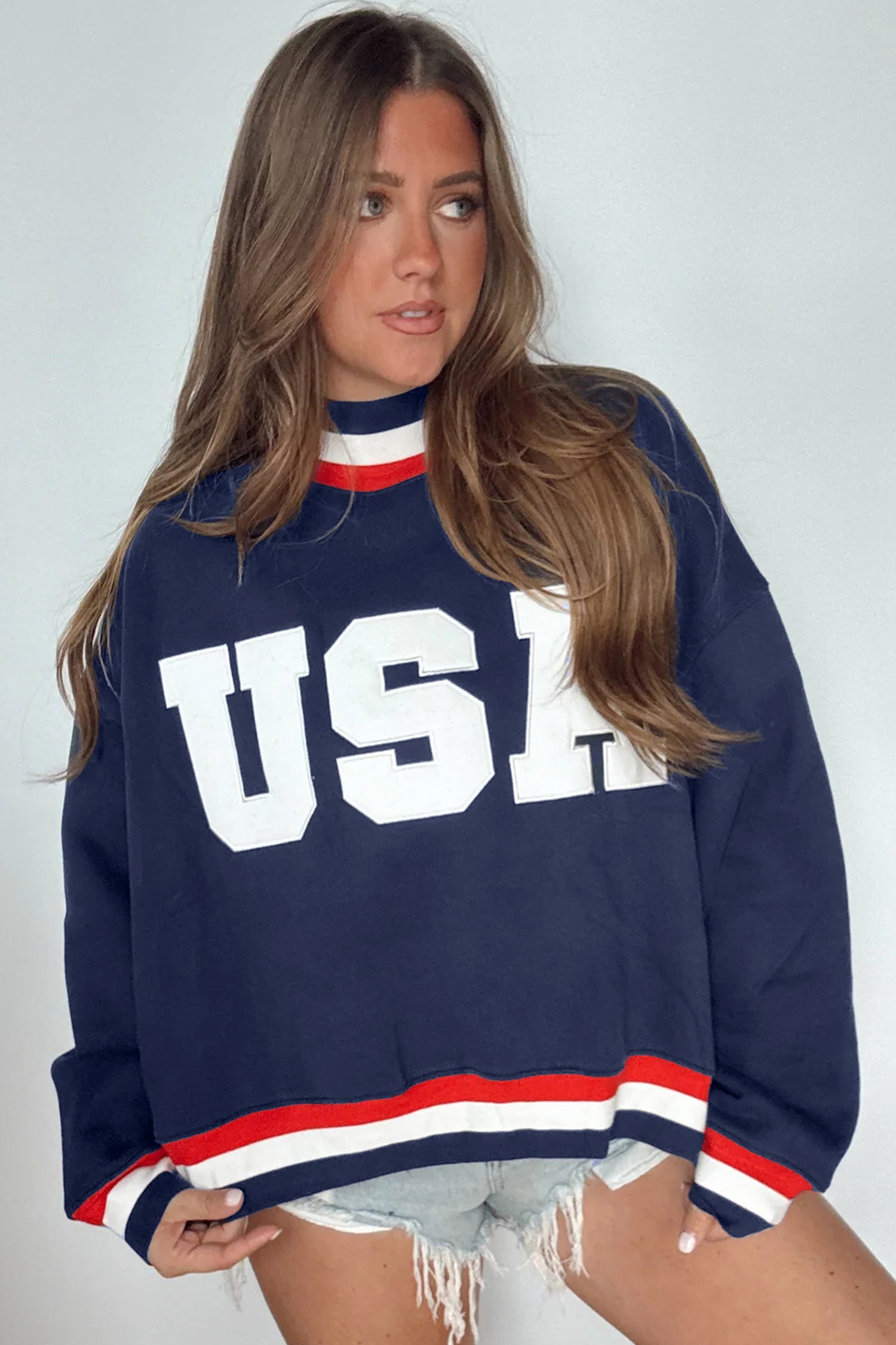 Dirty blue USA Slogan Patch Embroidery Colorblock High Neck Long Sleeve Pullover Sweatshirt