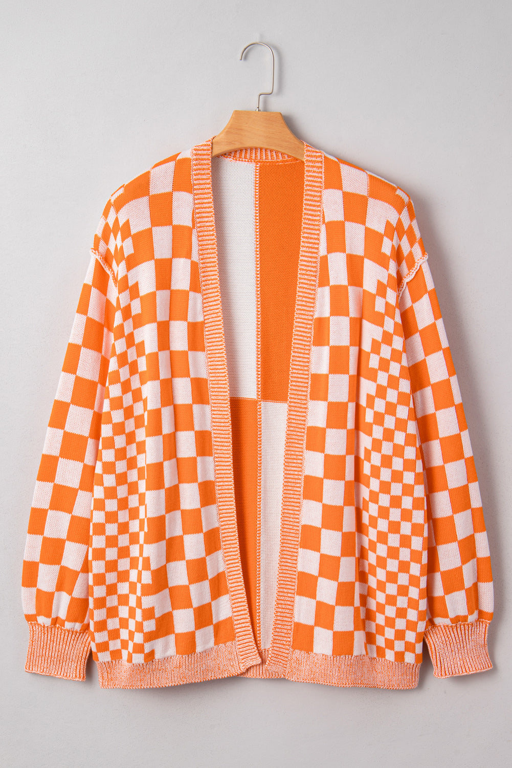 Orange Checkered Plus Size Drop Shoulder Knit Cardigan