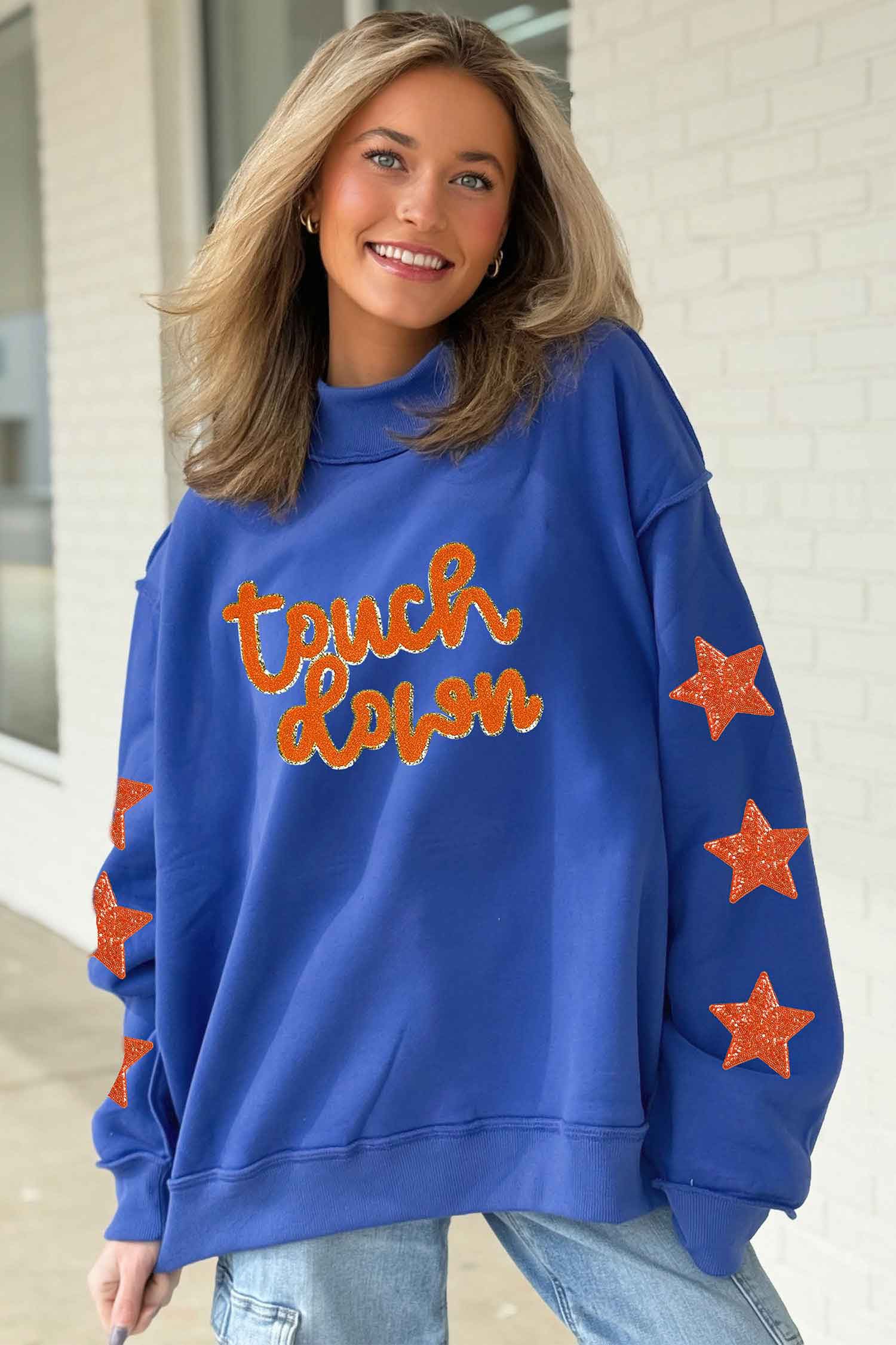 Dark Blue Touchdown Chenille Lettering Sequin Star Patched Mock Neck Sweatshirt