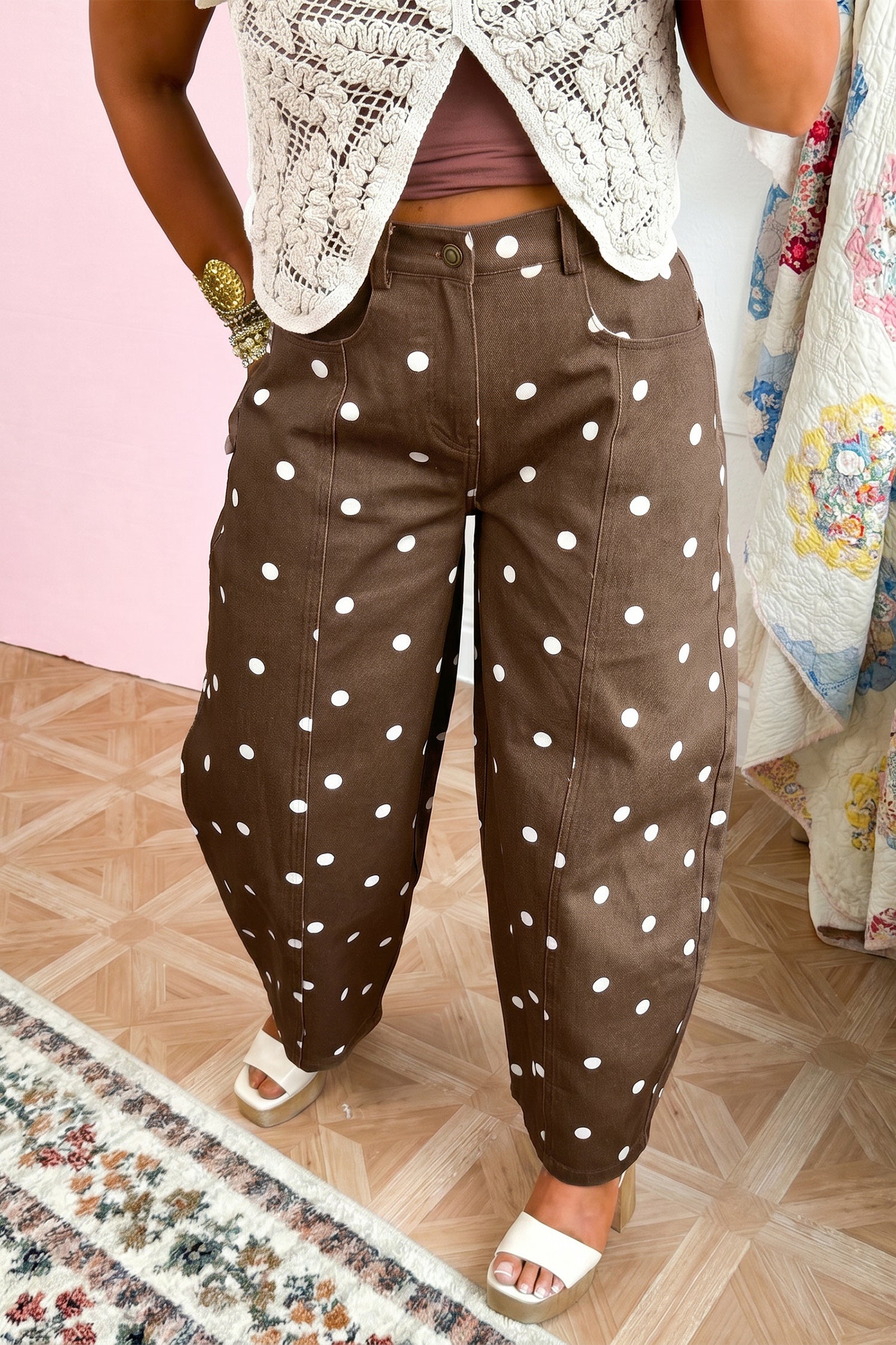 Pink Polka Dot Print Seam Detail Barrel Jeans