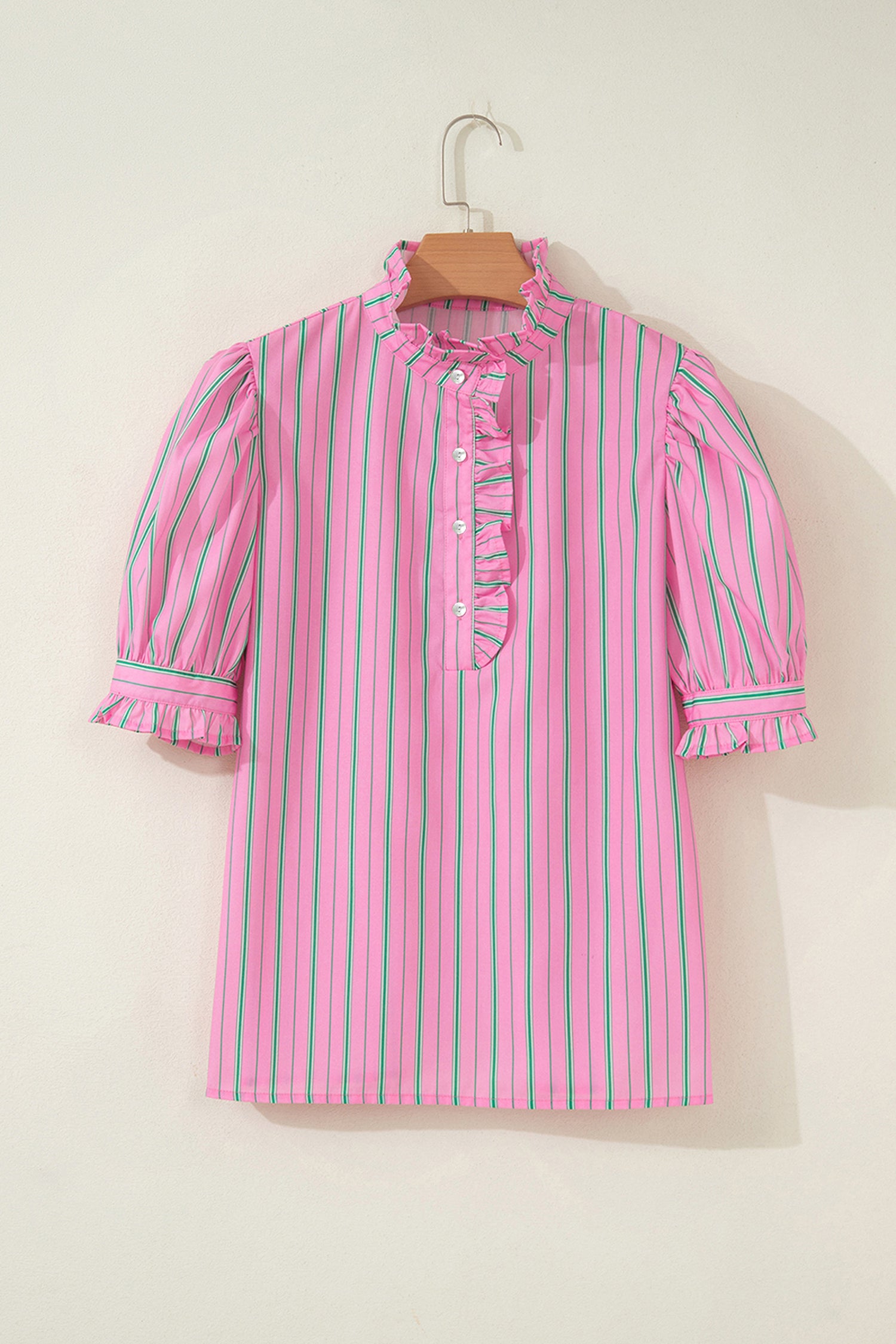 Pink Stripe Half Button Ruffle Trim Short Puff Sleeve Blouse