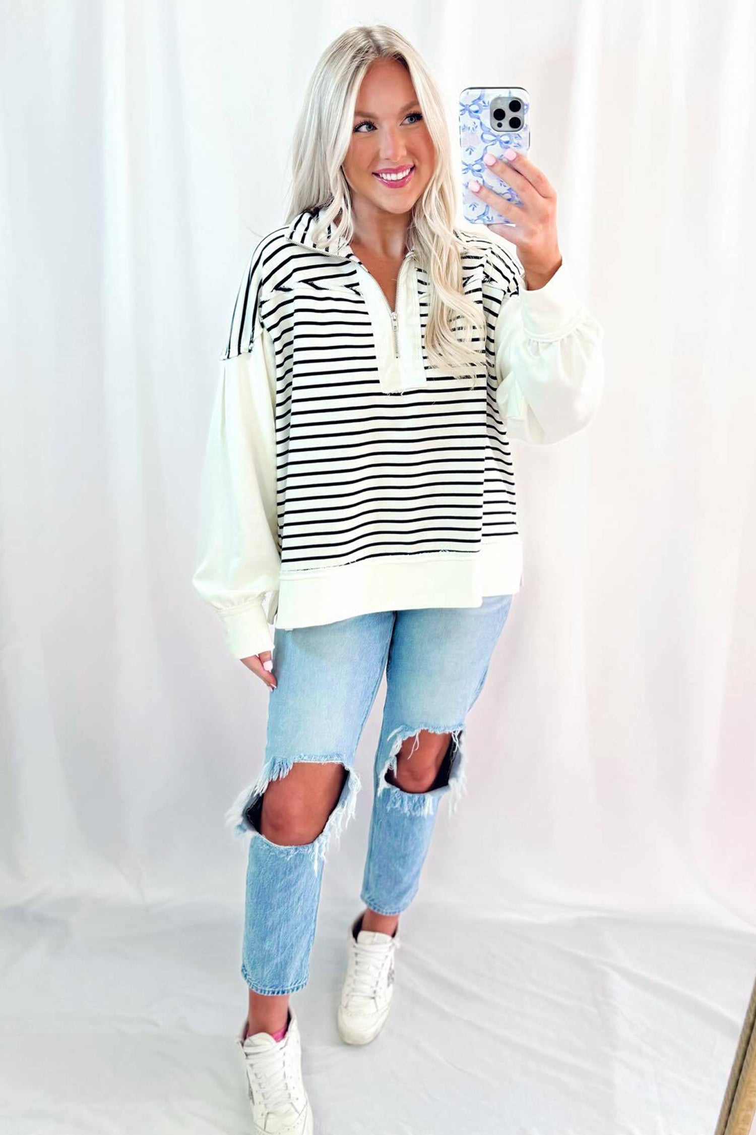 White Stripe Striped Patchwork Pullover Half Zipper Collar Long Sleeve Casual Top