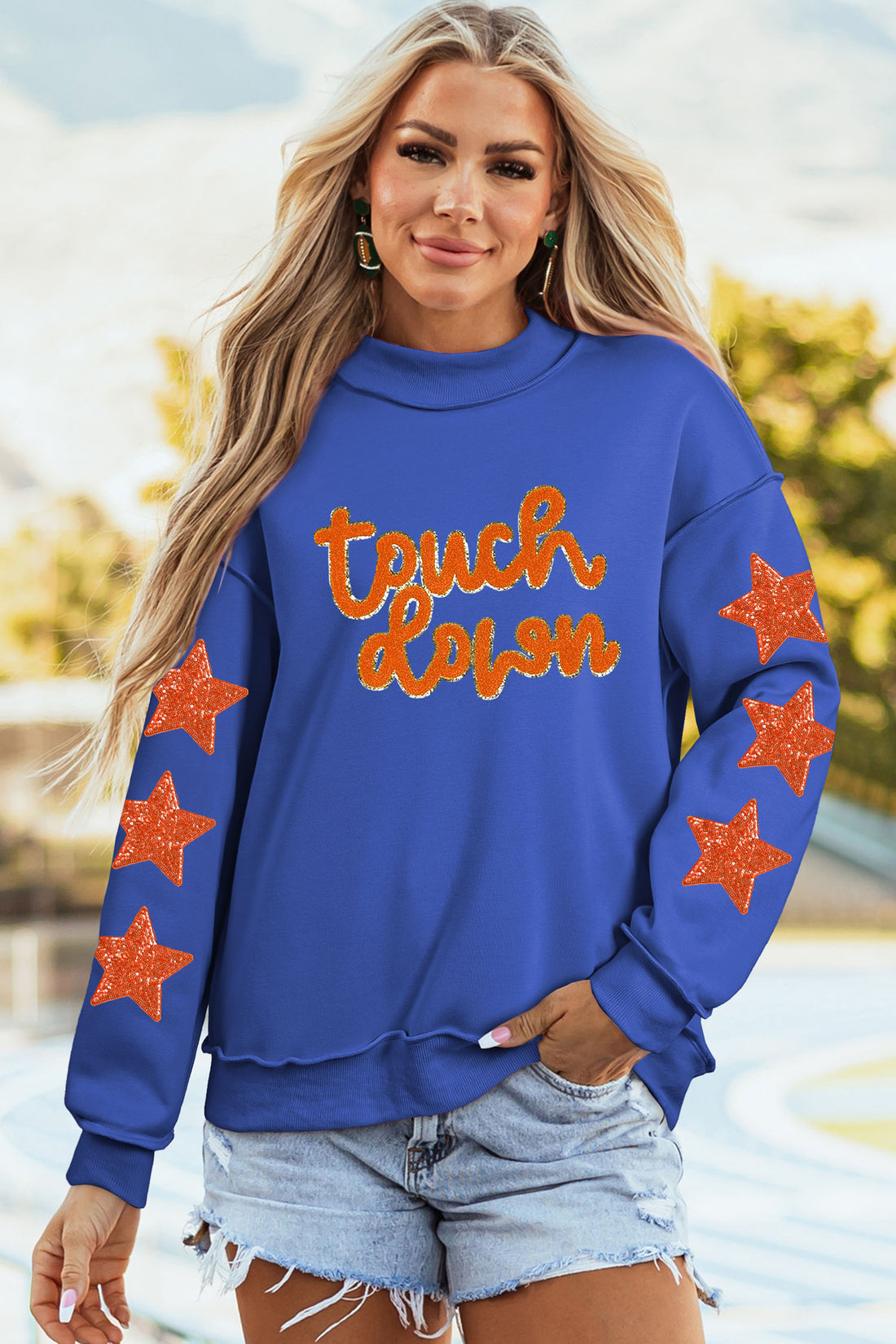 Dark Blue Touchdown Chenille Lettering Sequin Star Patched Mock Neck Sweatshirt