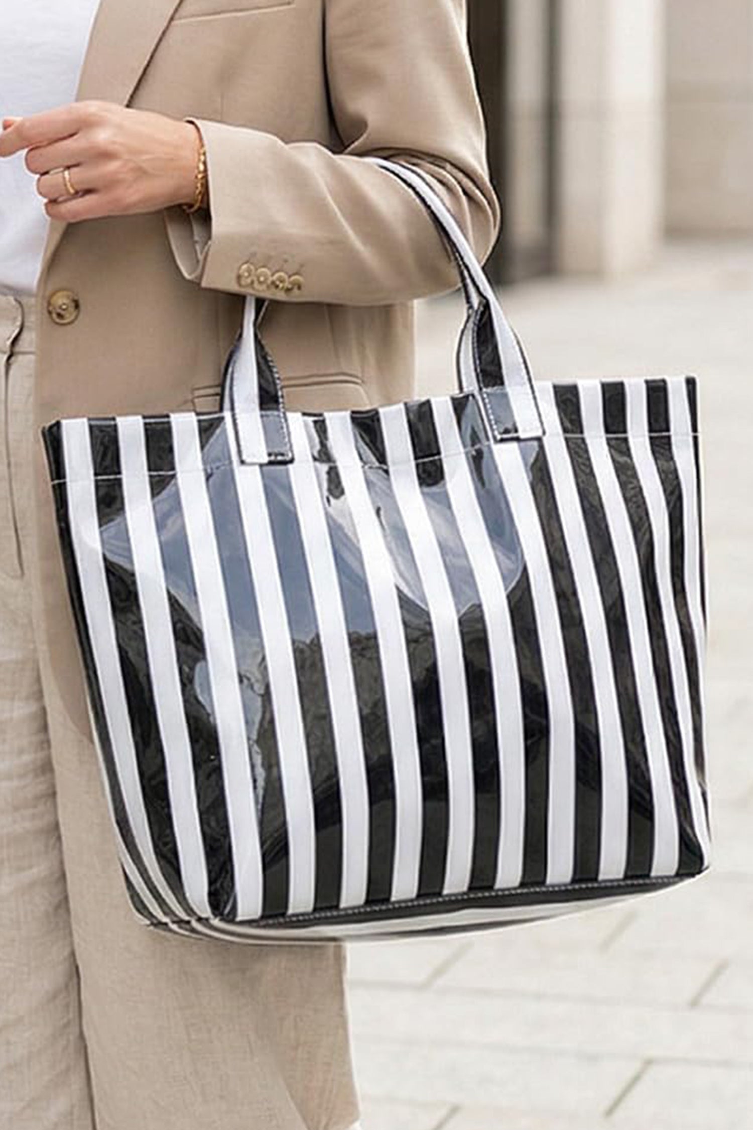 Rose Red Glossy Striped Vinyl Large Tote Bag