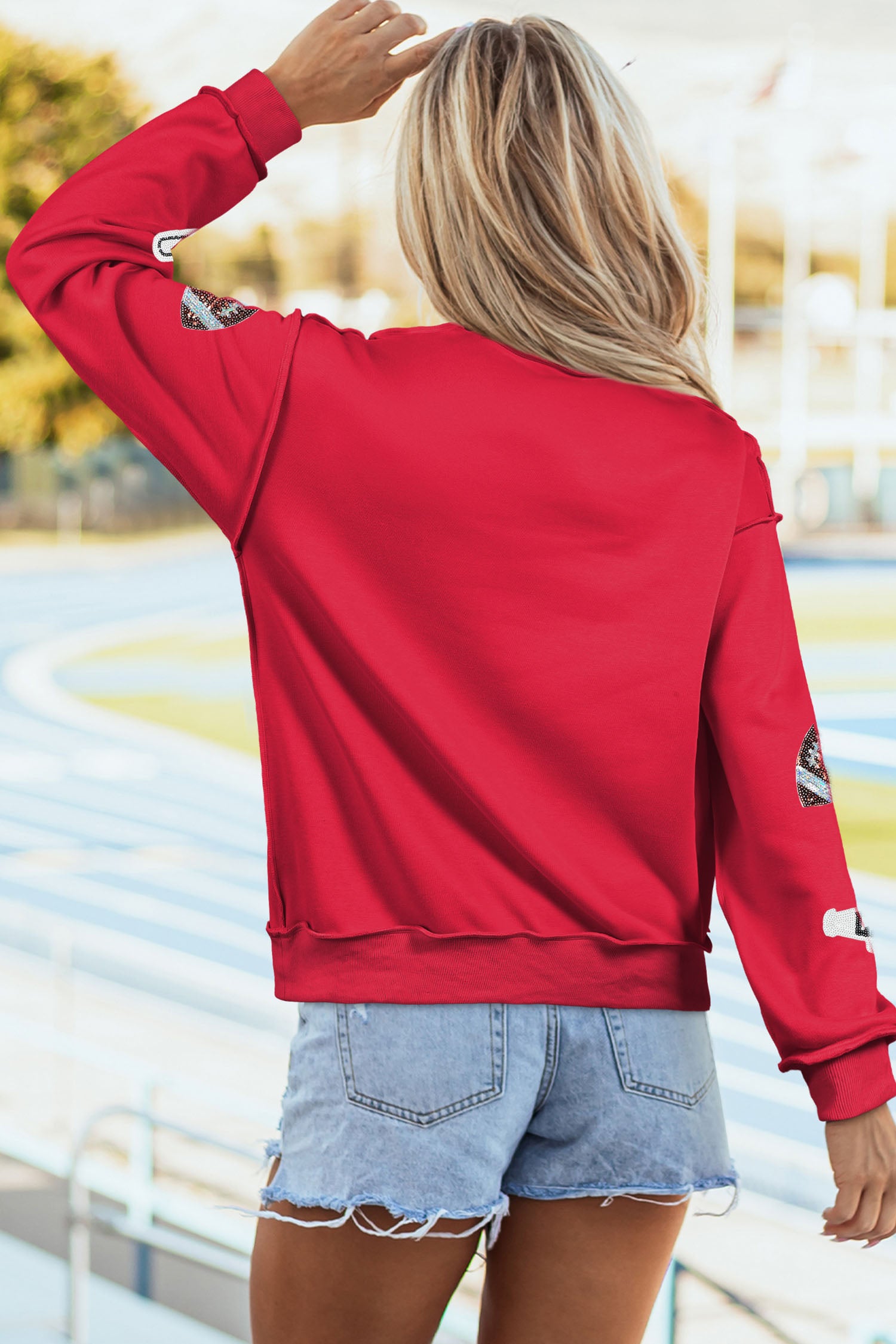 Racing Red Exposed Seam Mock Neck Dropped Shoulder Sequin Game Day Cheer Sweatshirt