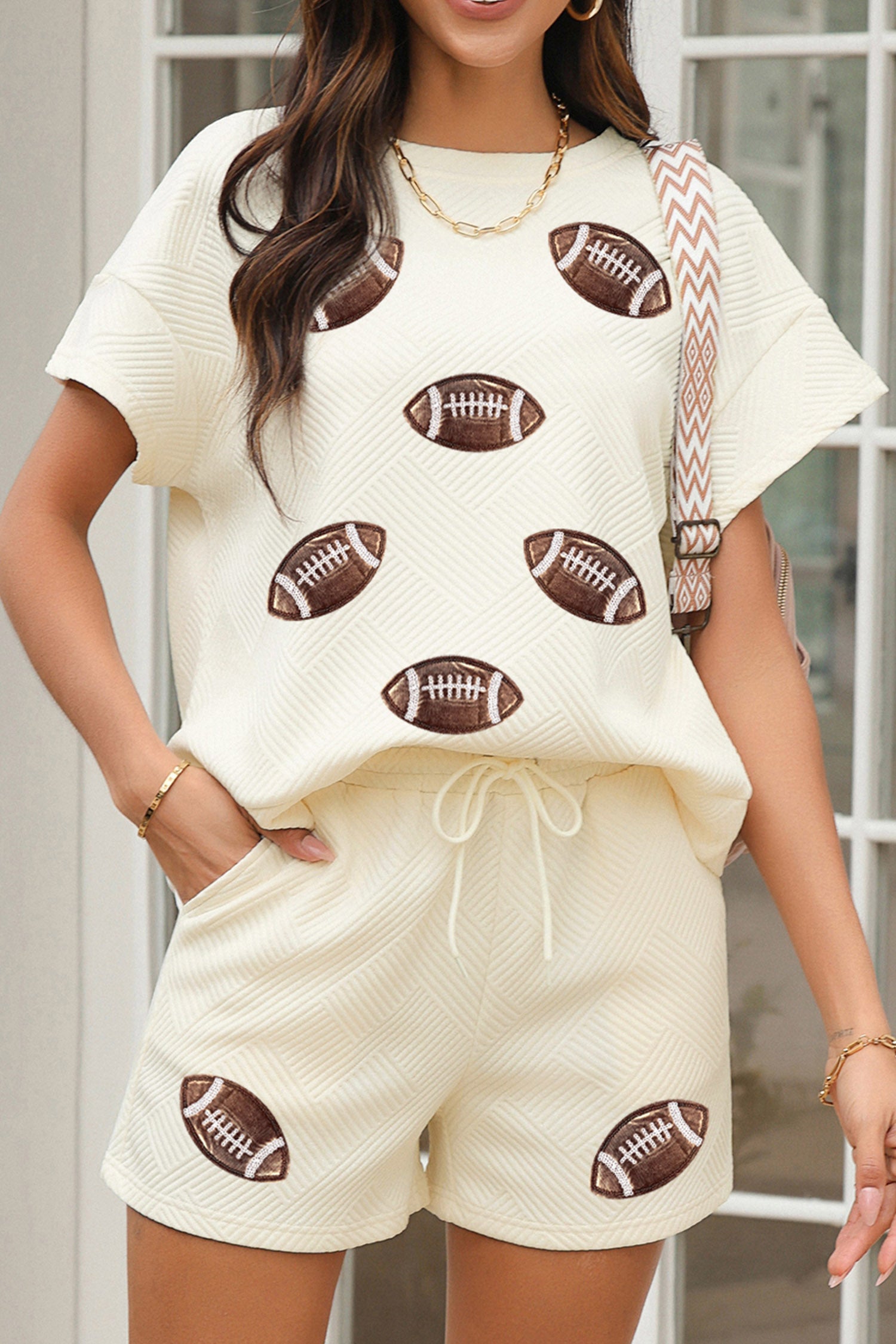 Apricot Quilted Texture Rugby Graphic Short Sleeve Drawstring 2pcs Short Set