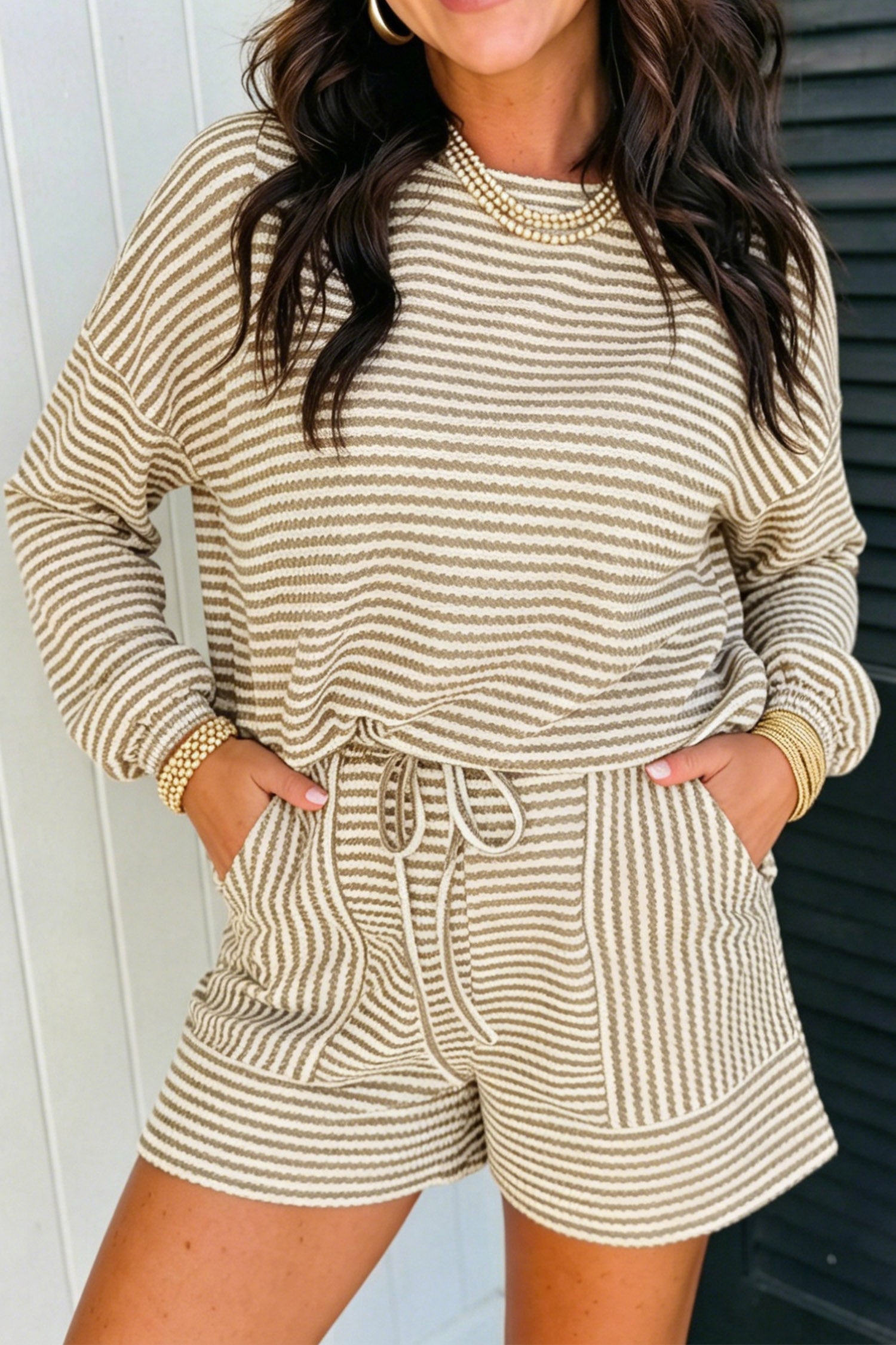 Brown Stripe Striped Textured Knit High-Waist Two-Piece Set