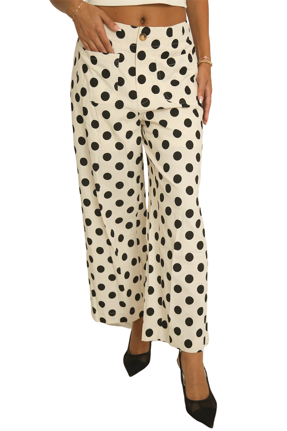 Sky Blue Polka Dot Print Patched Pocket Mid-rise Straight Leg Pants