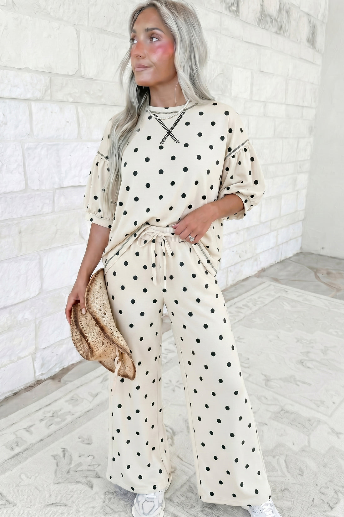 Beige Polka Dot Two Piece Set Casual Half Sleeve Shift Daily Wear Pantsuit