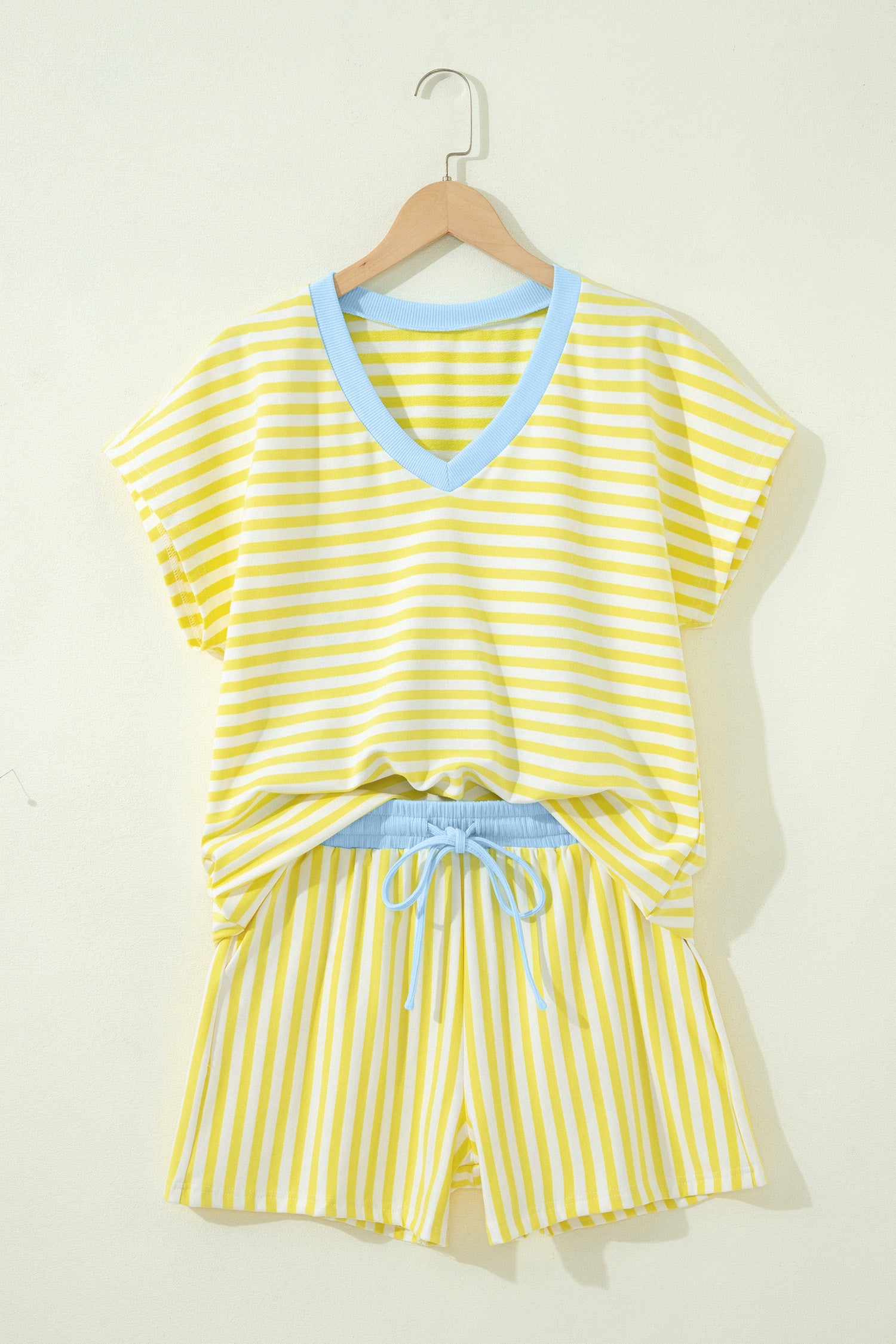 Red Stripe Colorblock Trim V Neck Tee Drawstring Elastic Waist Short Set