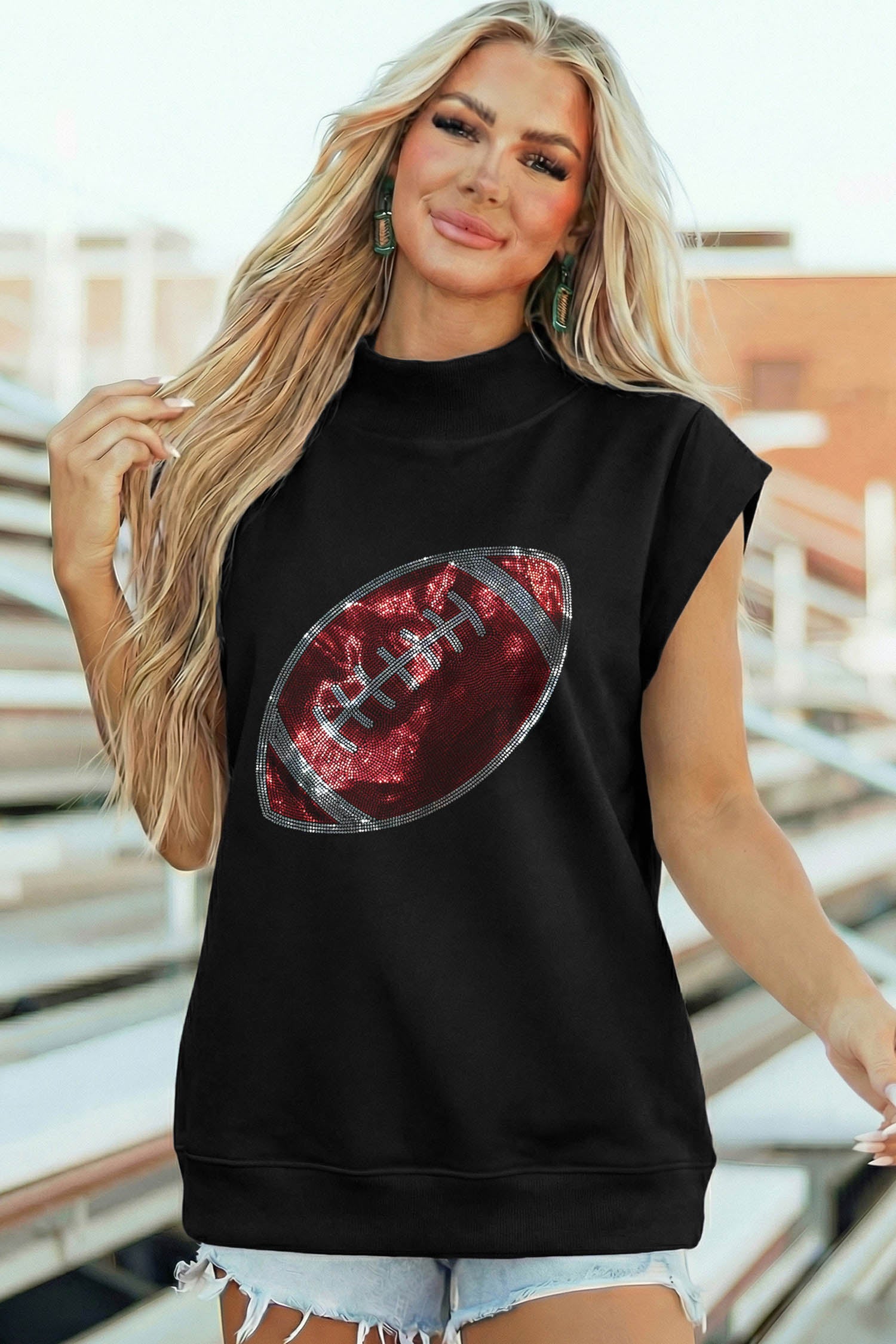 Black Rhinestone Rugby Football Pattern High Neck Short Sleeve Top