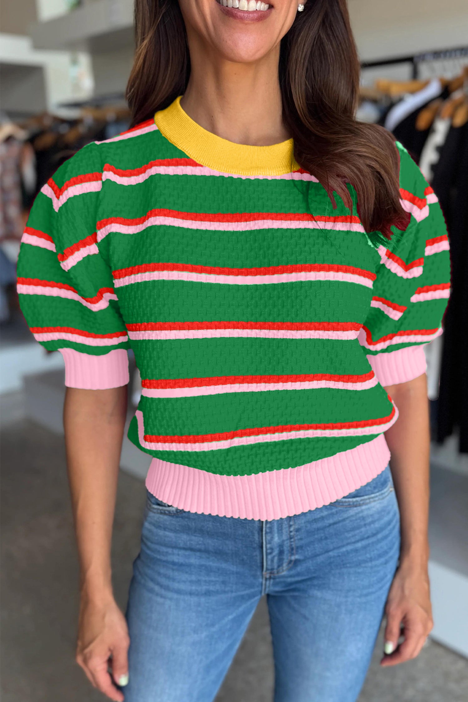 Sky Blue Stripe Colorblock Trim Half Sleeve Sweater Top