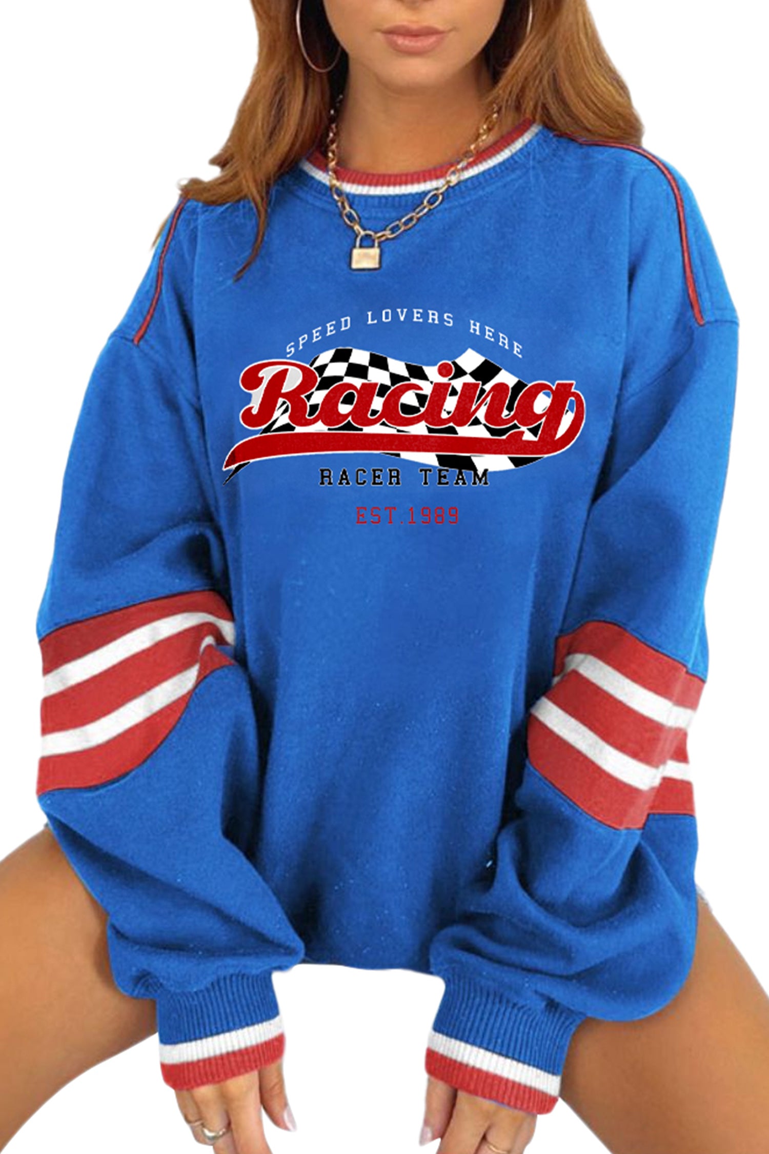 Sky Blue Abstract Racing Print Long Sleeve Crewneck Sweatshirt Casual Shift Fit Pullover