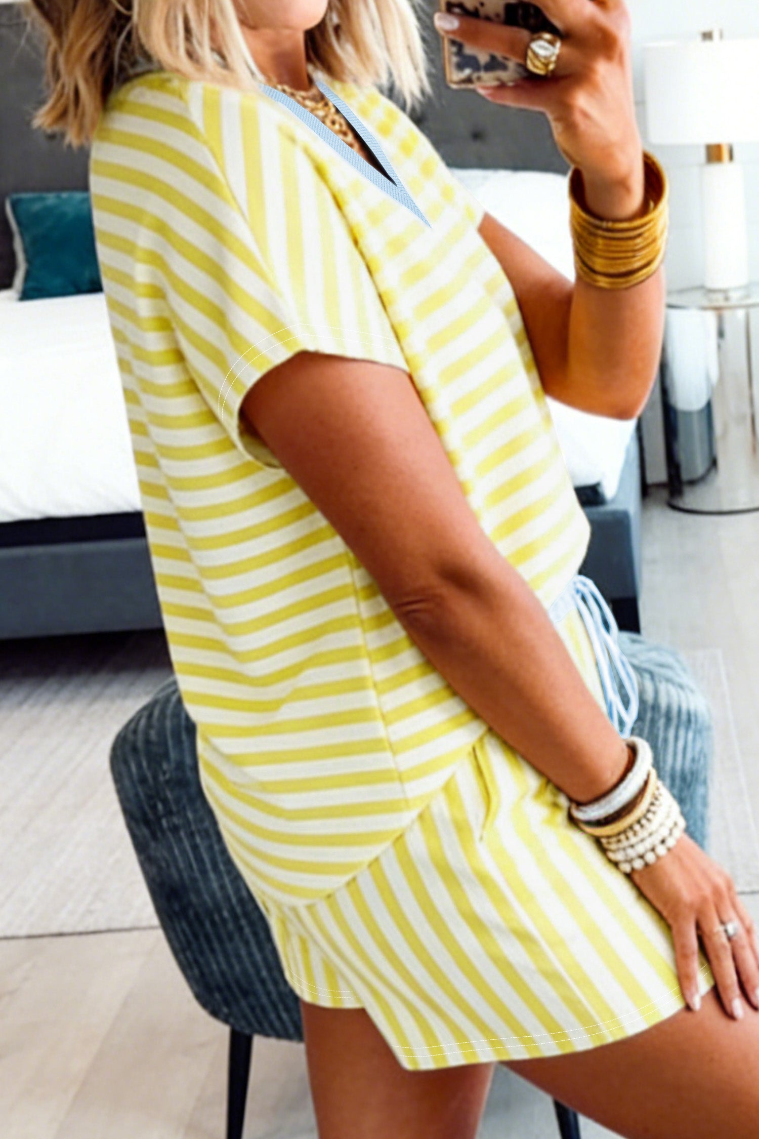 Red Stripe Colorblock Trim V Neck Tee Drawstring Elastic Waist Short Set