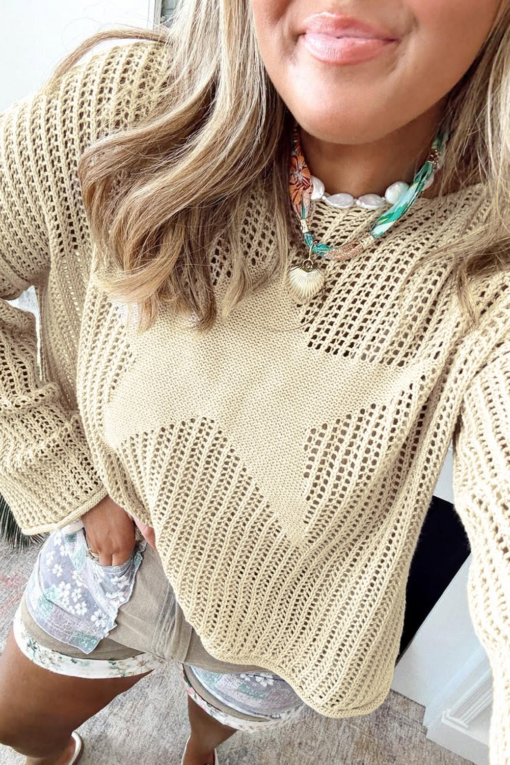 Parchment Hollow Out Knit Star Pattern Plus Size Sweater