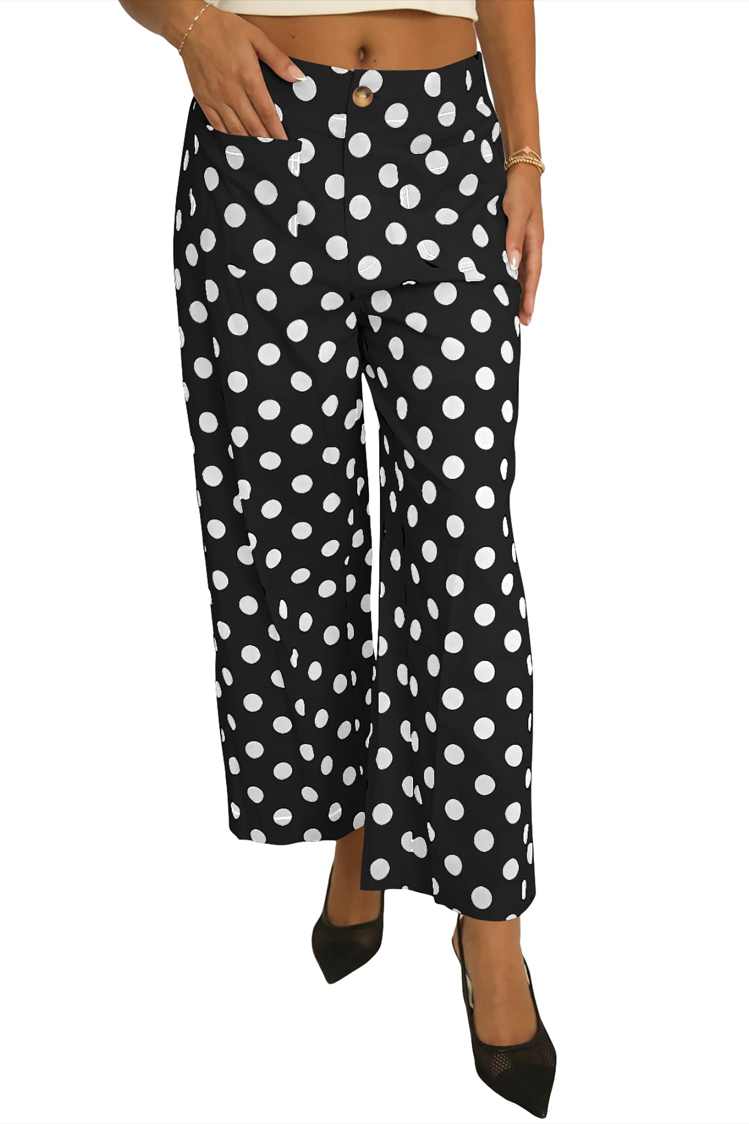 Sky Blue Polka Dot Print Patched Pocket Mid-rise Straight Leg Pants