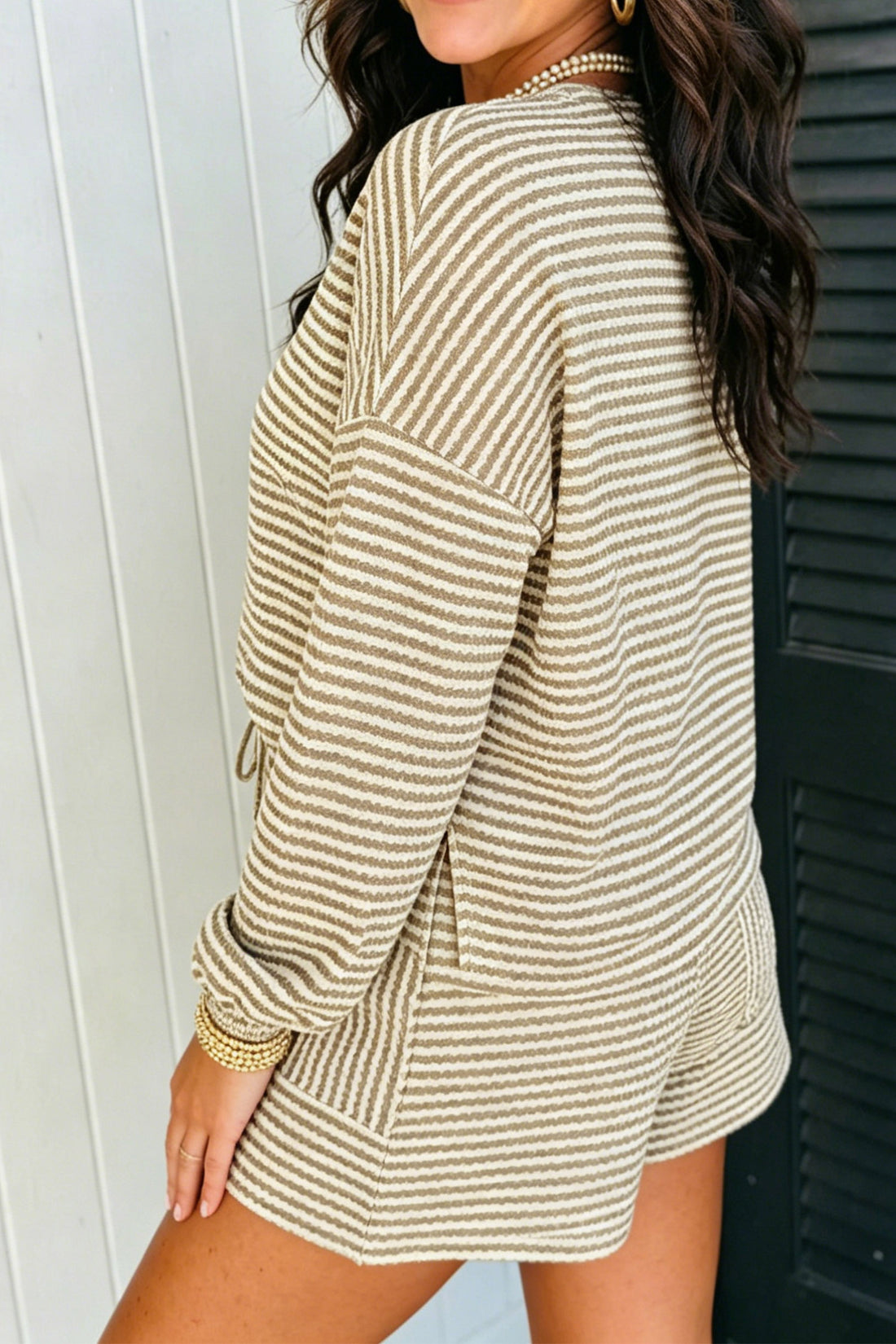 Brown Stripe Striped Textured Knit High-Waist Two-Piece Set