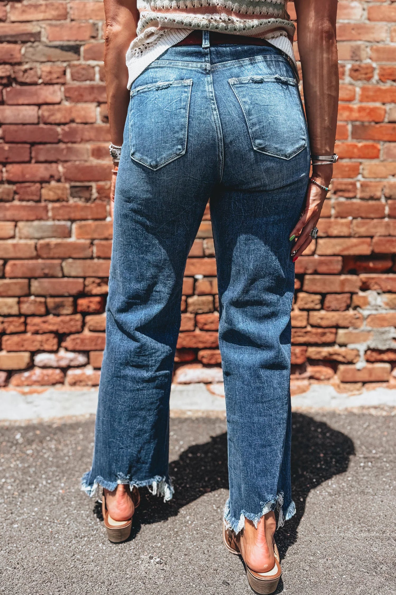 Ashleigh Blue Flare Leg Jeans Frayed Edge Pocket Casual Daily Ankle-length Denim Pants