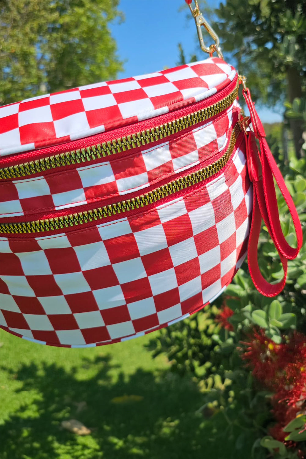 Chestnut Checkered Print Wide Strap Large Crossbody Bag